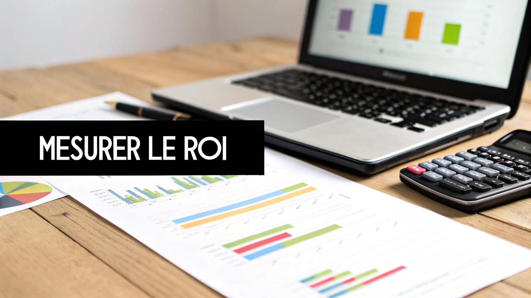 Un bureau de travail avec un ordinateur portable, des graphiques financiers et une calculatrice, affichant 'MESURER LE ROI'.