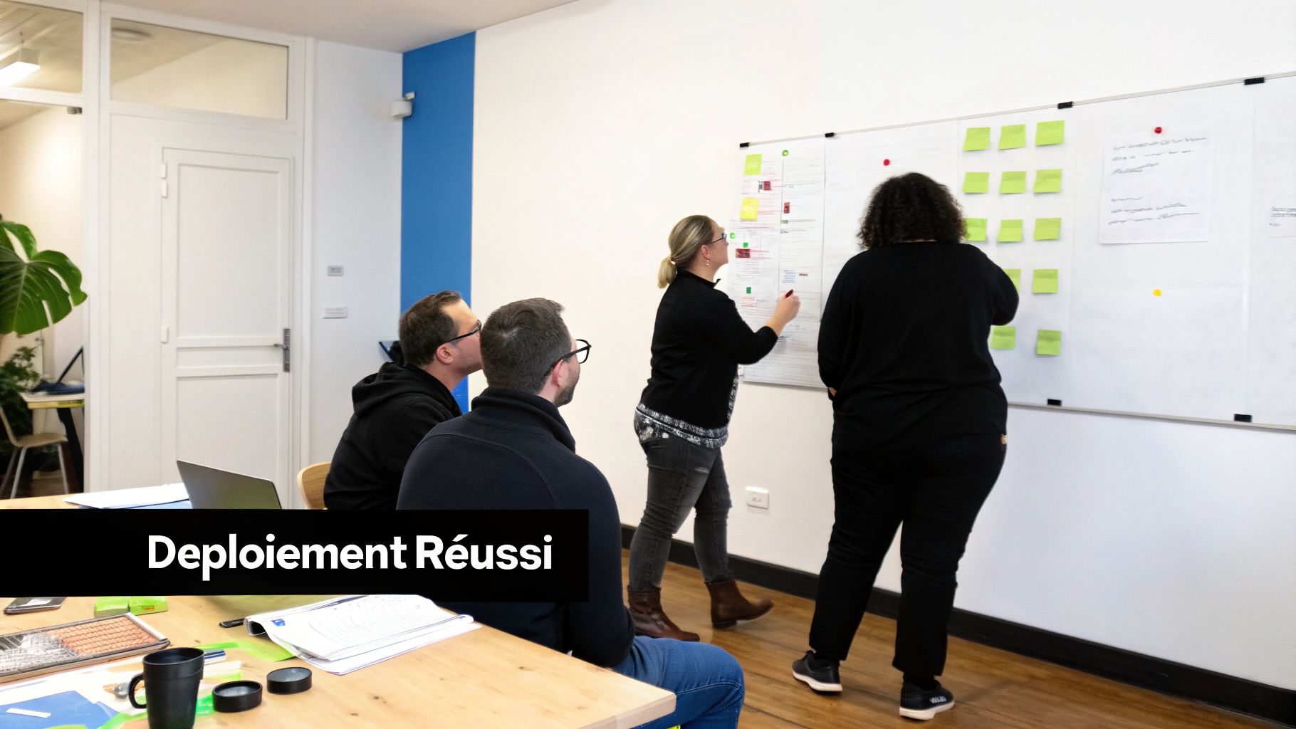 Groupe de personnes en réunion, collaborant autour d'un tableau blanc rempli de notes et post-its, symbolisant un déploiement réussi.