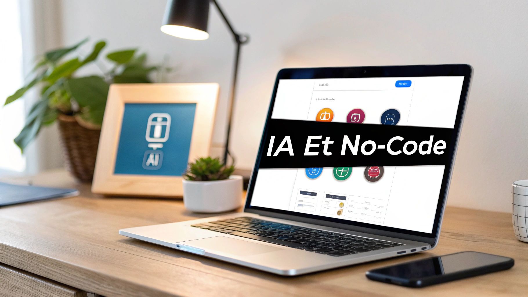 Un ordinateur portable ouvert sur un bureau affiche "IA Et No-Code", illustrant l'intégration de l'IA.