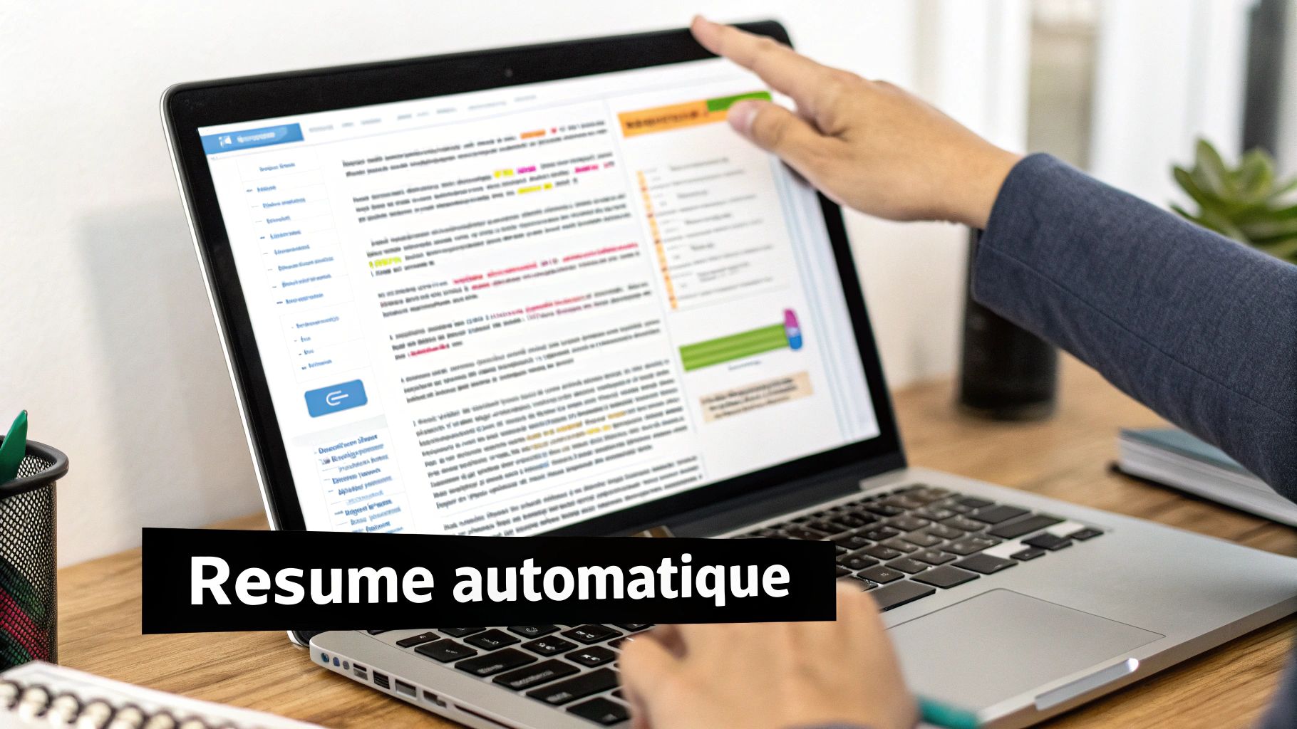 Une personne utilise un ordinateur portable affichant un document texte avec des sections surlignées, le titre 'Resume automatique' est visible.