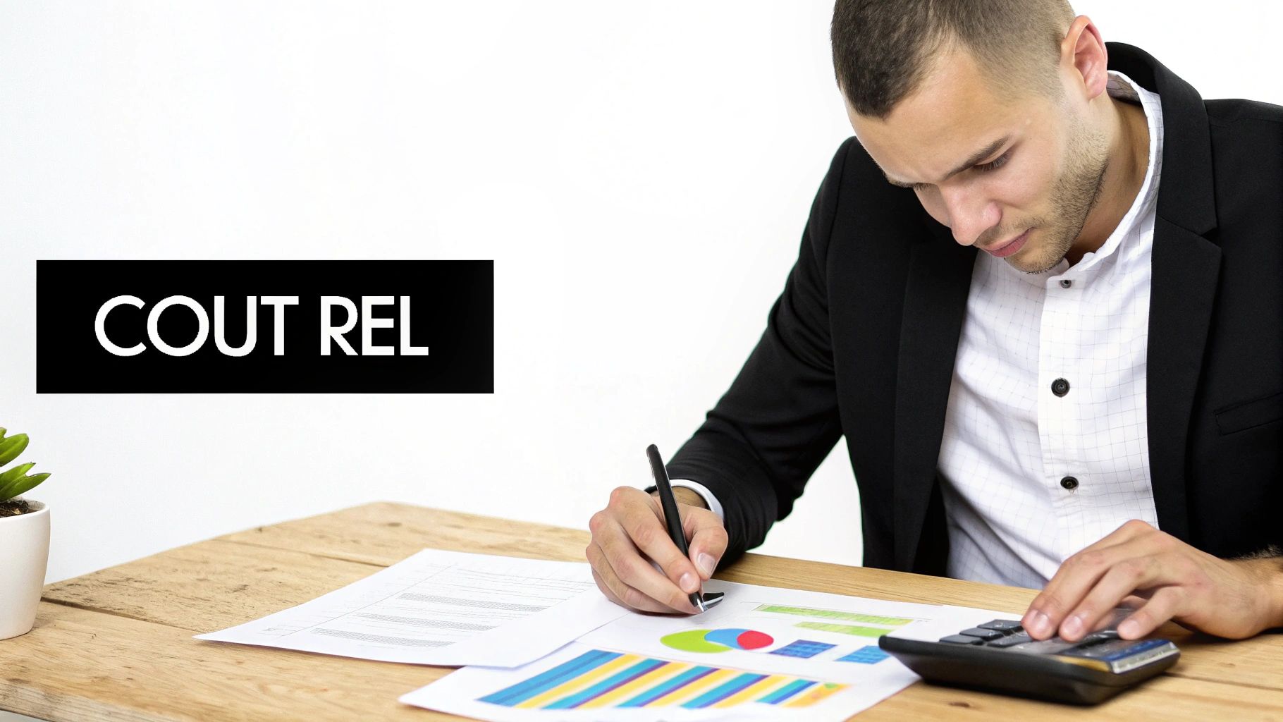 Un homme d'affaires analyse des documents financiers avec des graphiques et une calculatrice sur un bureau.