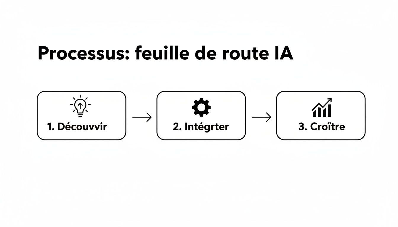 Feuille de route en trois étapes pour l'IA: Découvrir, Intégrer et Croître, avec icônes illustratives.