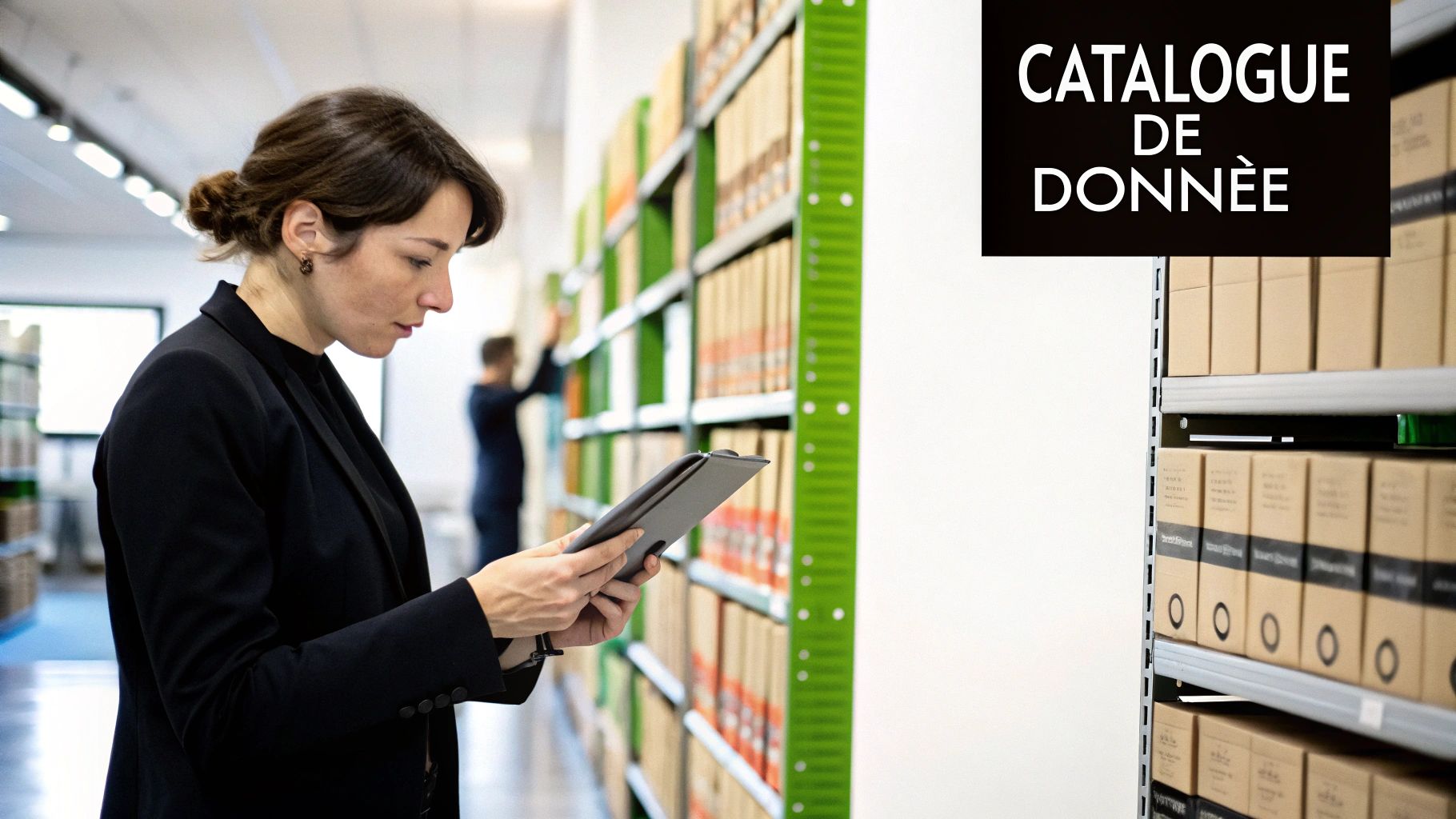 Une femme examine une tablette devant des étagères remplies de dossiers dans un centre d'archives. Texte: Catalogue de donnée.