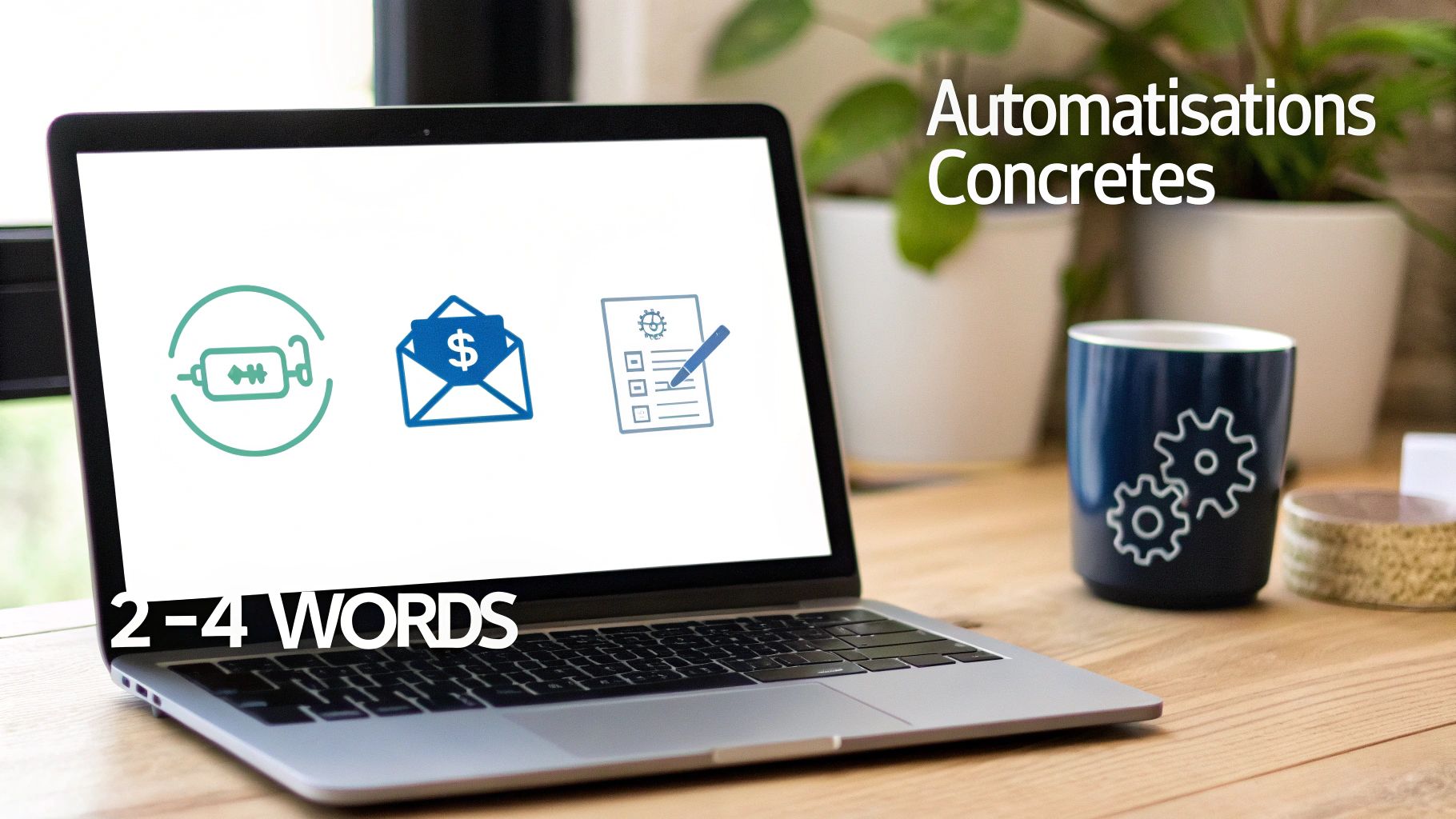 Ordinateur portable sur un bureau en bois, affichant des icônes d'automatisation et de gestion, avec une tasse à café.