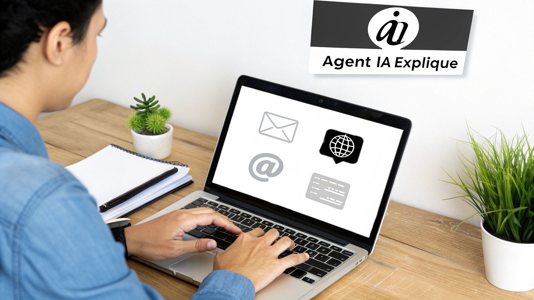 Une personne tape sur un ordinateur portable affichant des icônes de communication, un carnet et des plantes. Un logo "Agent IA Explique" est visible.