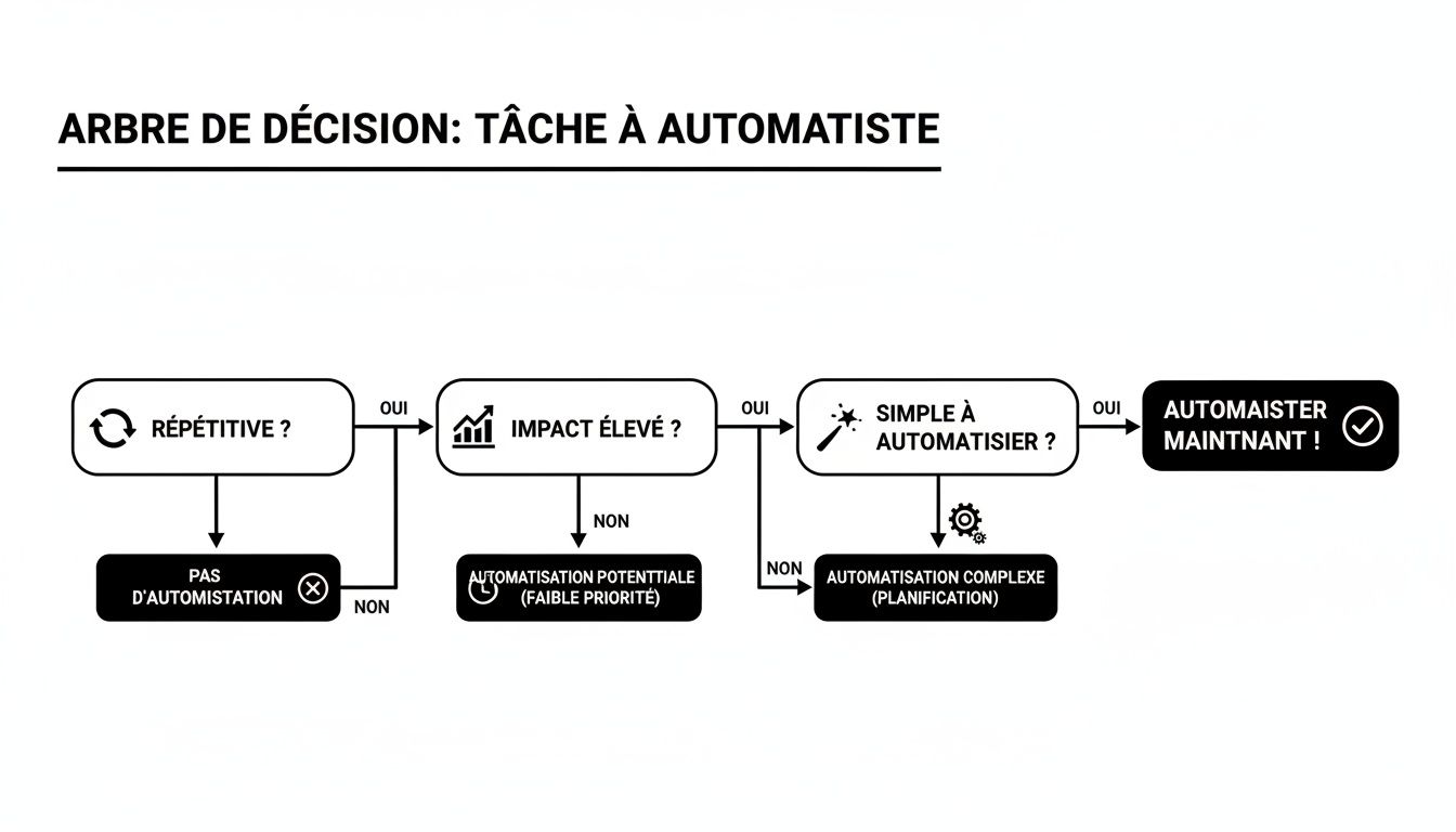 Un arbre de décision pour déterminer si une tâche doit être automatisée, basé sur sa répétitivité, son impact et sa simplicité.