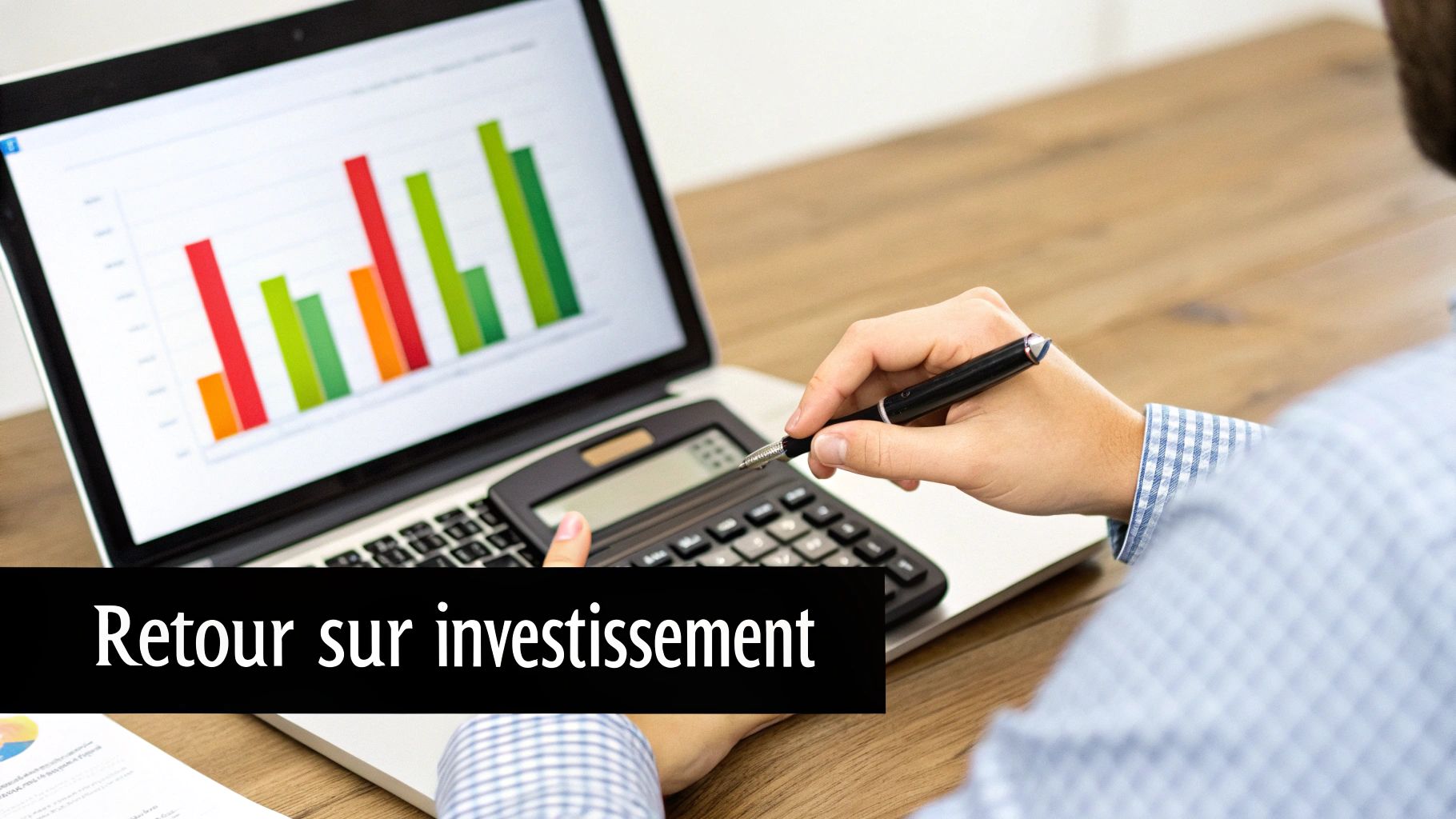 Personne analysant des graphiques de retour sur investissement avec calculatrice et ordinateur portable sur bureau