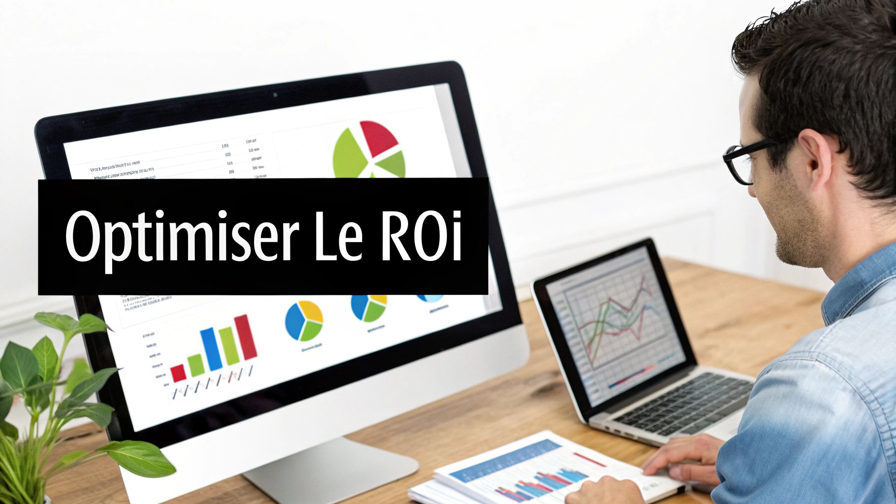 Un homme examine des graphiques et des données sur un grand écran d'ordinateur et un ordinateur portable, avec le texte "Optimiser Le ROI" affiché sur le moniteur principal.