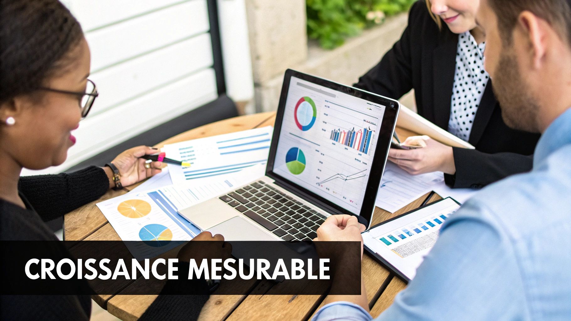 Trois professionnels analysent des graphiques de croissance sur un ordinateur portable et des documents imprimés lors d'une réunion.