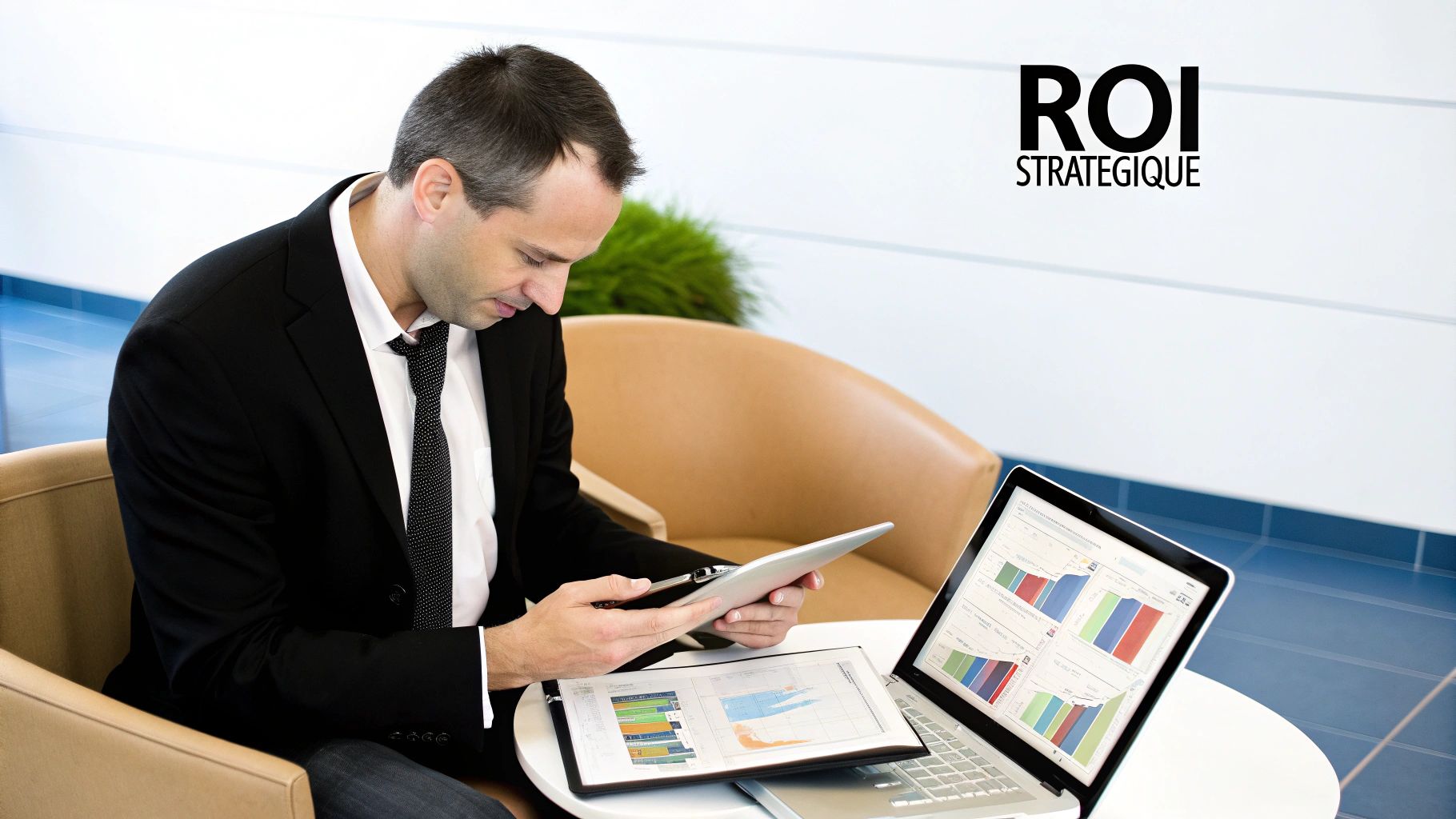 Un homme d'affaires examine des données de performance sur une tablette et un ordinateur portable, avec la mention 'ROI STRATEGIQUE' affichée.