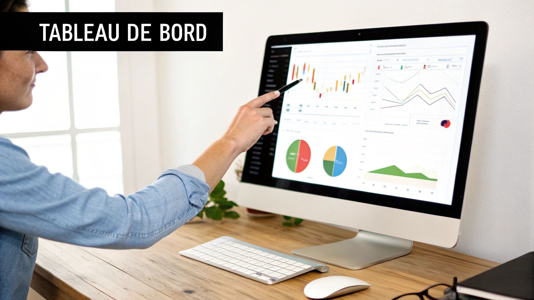 Une personne pointe un tableau de bord avec des graphiques et des données sur un écran d'ordinateur, illustrant le suivi commercial.