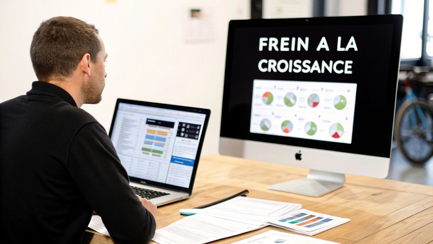 Un homme travaille sur un ordinateur portable, avec un écran affichant des graphiques et le texte « FREIN À LA CROISSANCE ».