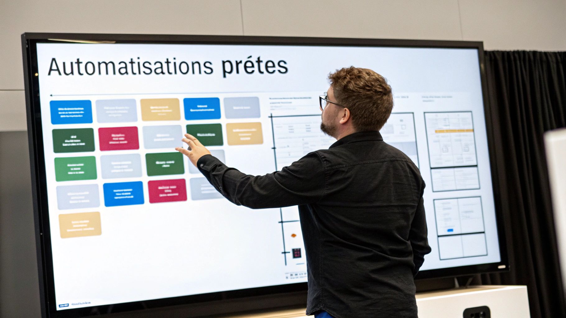 Un homme présente des « Automatisations prêtes » sur un grand écran interactif avec des modules colorés.