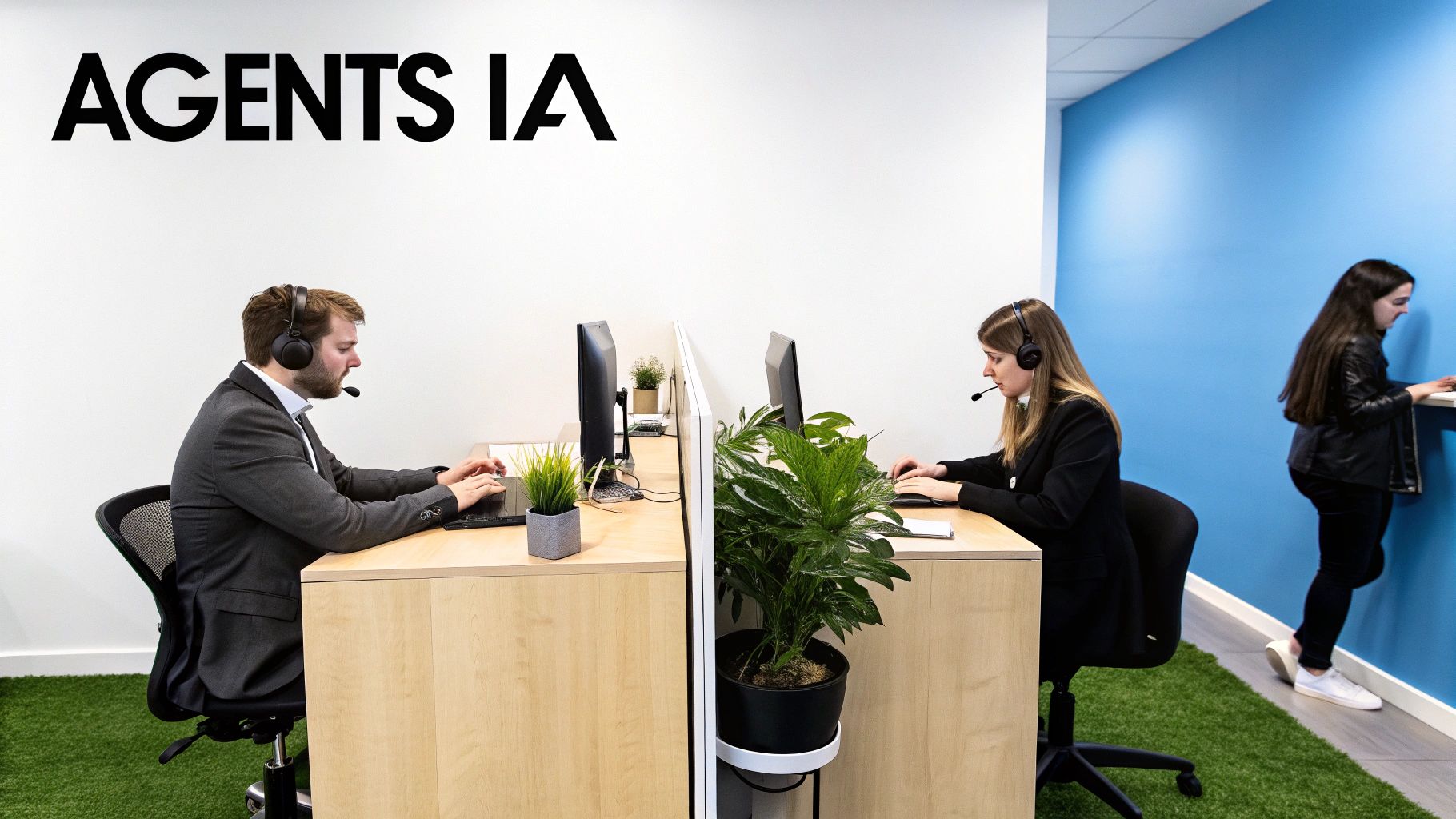 Trois personnes travaillent dans un bureau moderne avec des cubicules, deux agents portant des casques téléphoniques.