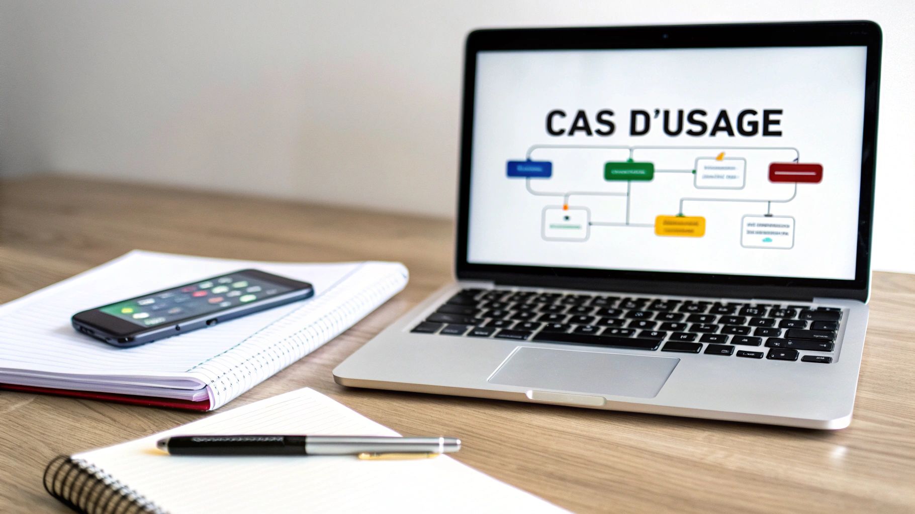 Ordinateur portable affichant un diagramme de cas d'usage, un smartphone, des cahiers et un stylo sur un bureau en bois.