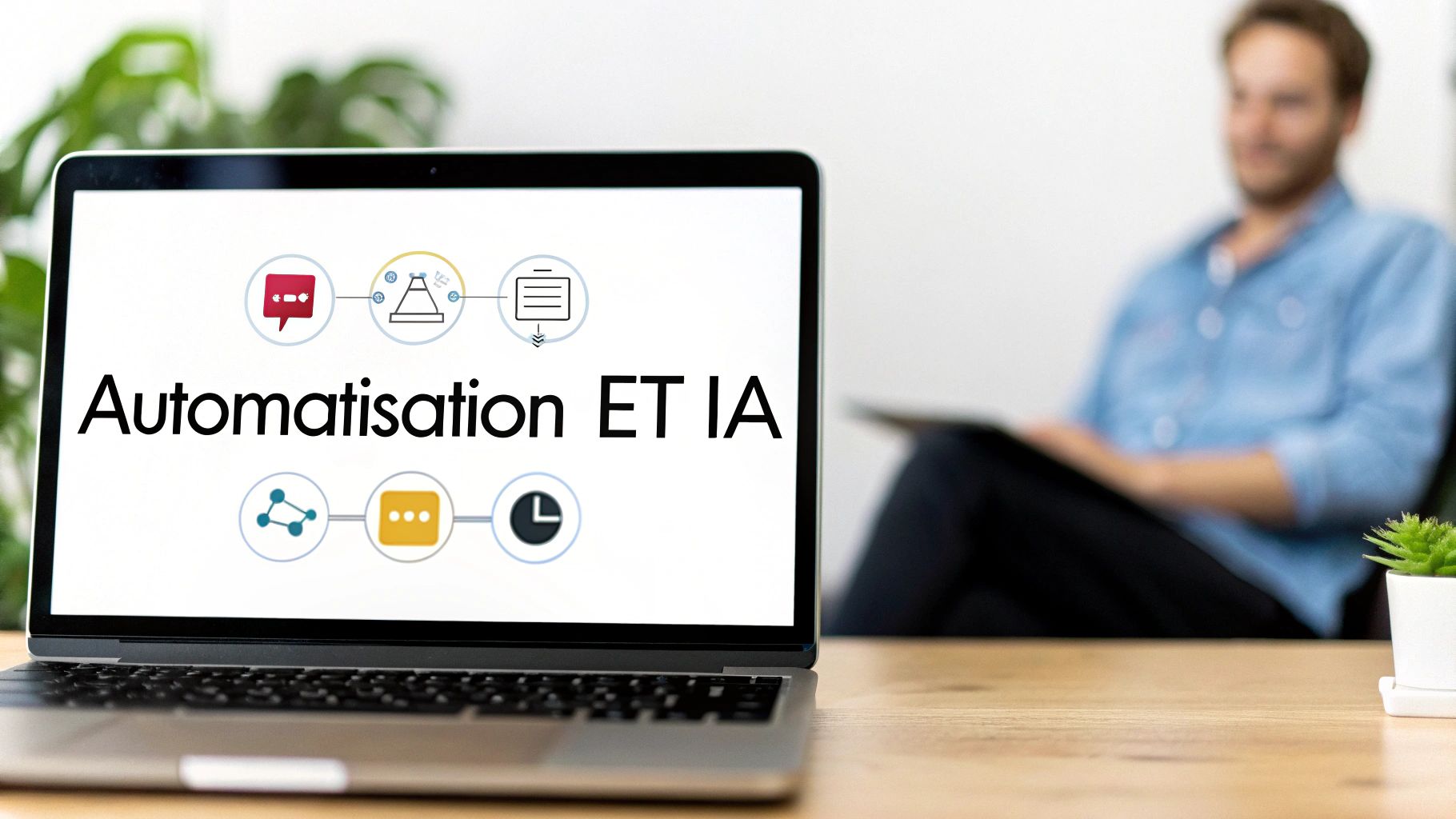 Un ordinateur portable affiche « Automatisation ET IA » et des icônes de processus. Un homme est flou en arrière-plan.