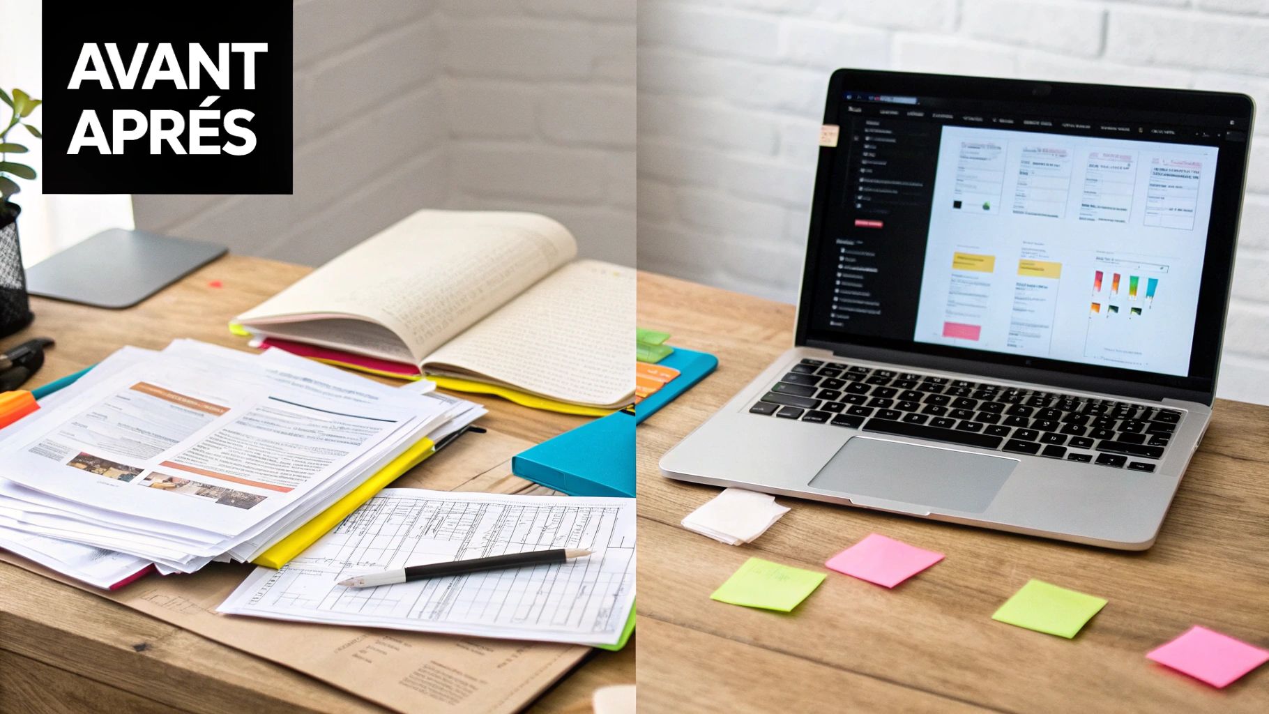 Image avant-après montrant un bureau désordonné avec des papiers empilés et un bureau organisé avec un ordinateur portable et des notes adhésives.