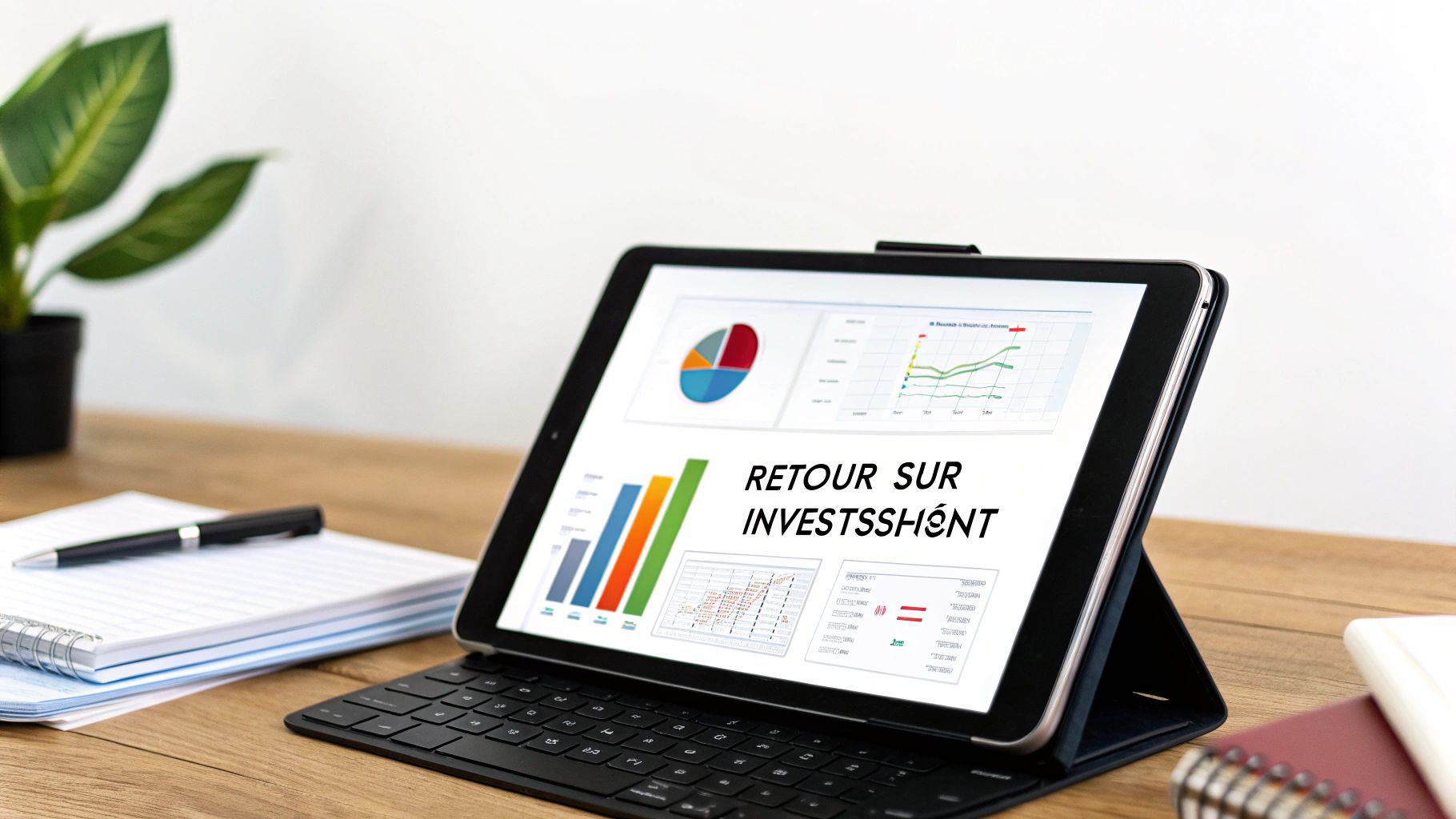 Tablette sur un bureau en bois affichant des graphiques financiers et le texte « Retour sur Investissement ».
