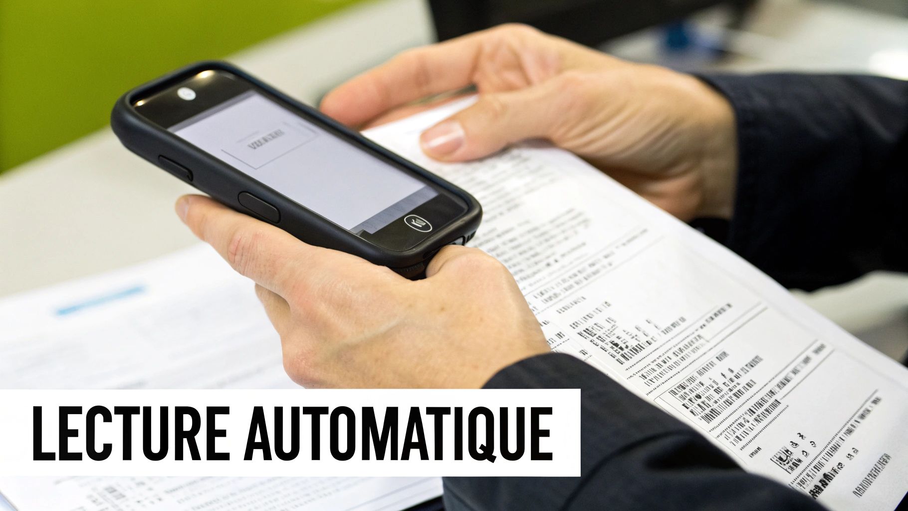 Personne utilisant un smartphone pour numériser un document, symbolisant la lecture automatique et la digitalisation.