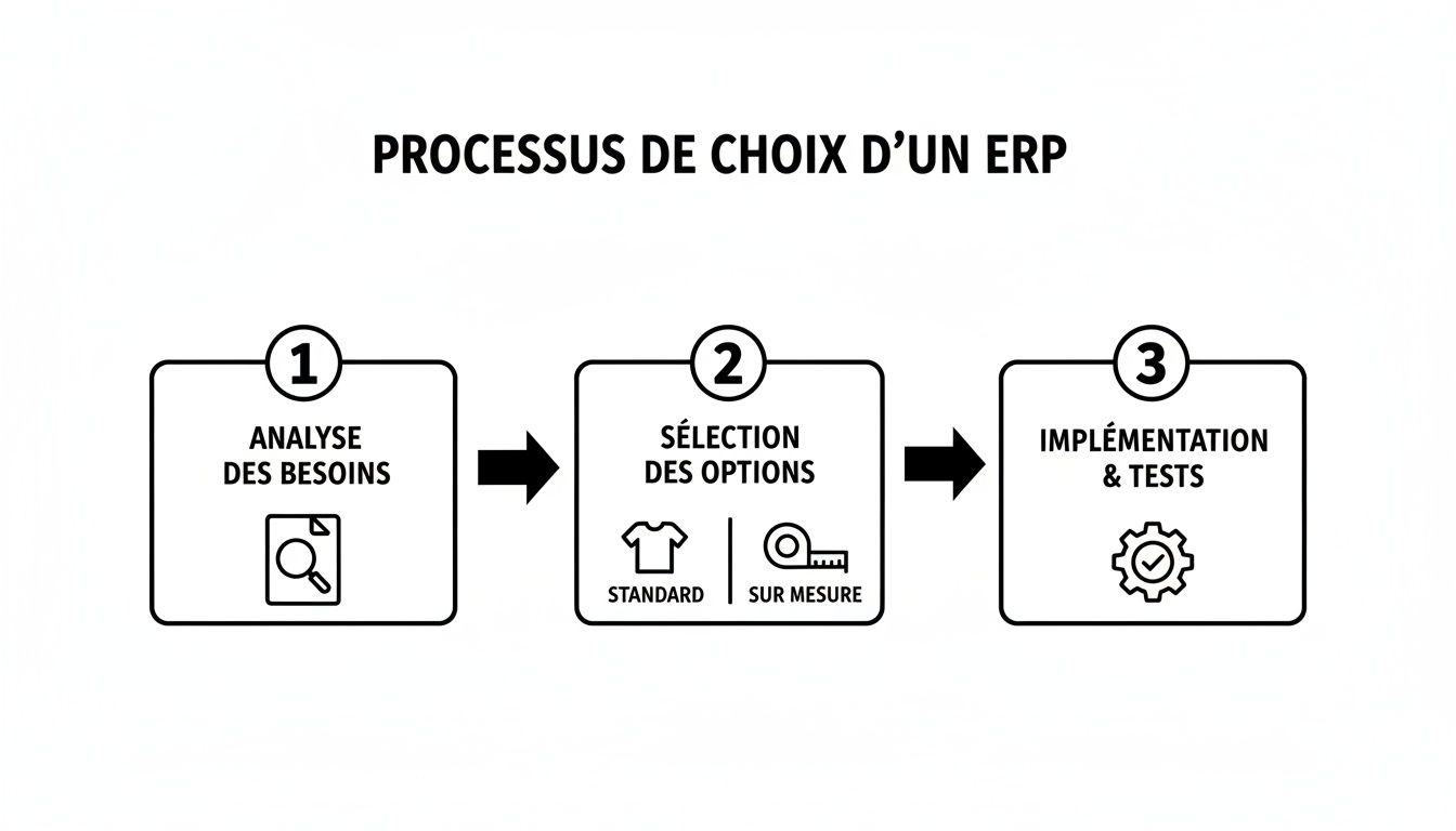 Illustration du processus de choix d'un ERP : analyse des besoins, sélection des options et implémentation.