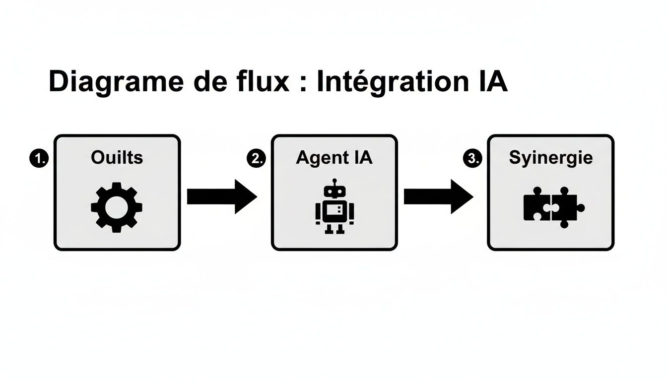 Diagramme de flux expliquant l'intégration d'une IA en trois étapes : Outils, Agent IA, Synergie.