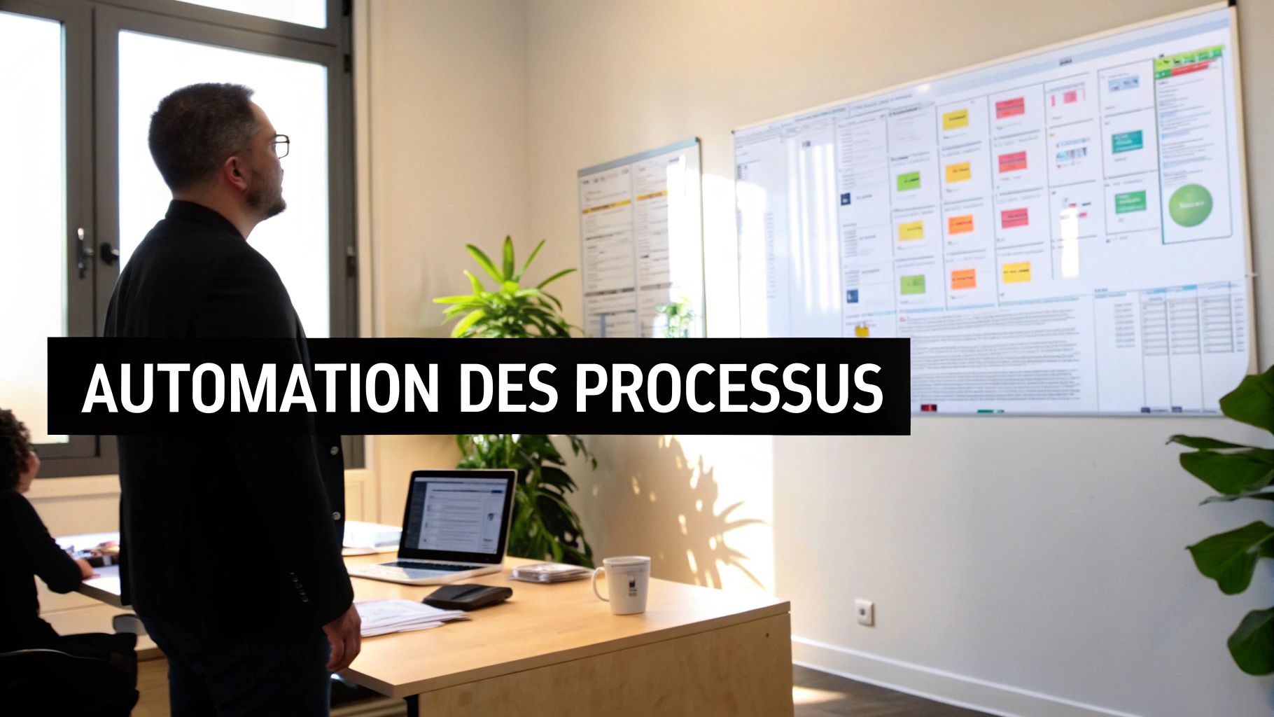 Un homme en costume regarde un grand tableau blanc affichant des graphiques et des notes colorées, avec le texte "AUTOMATION DES PROCESSUS".