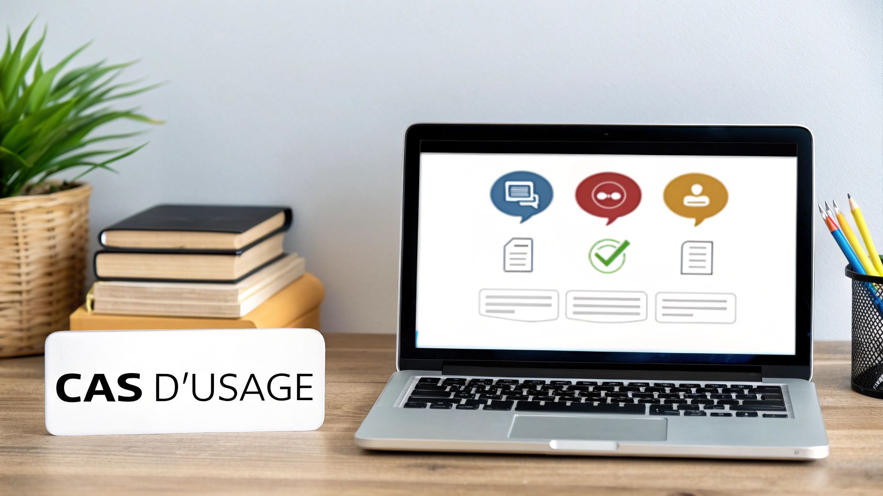 Un ordinateur portable sur un bureau en bois avec une pancarte "CAS D'USAGE", des livres, une plante et des icônes sur l'écran, suggérant des scénarios d'utilisation.