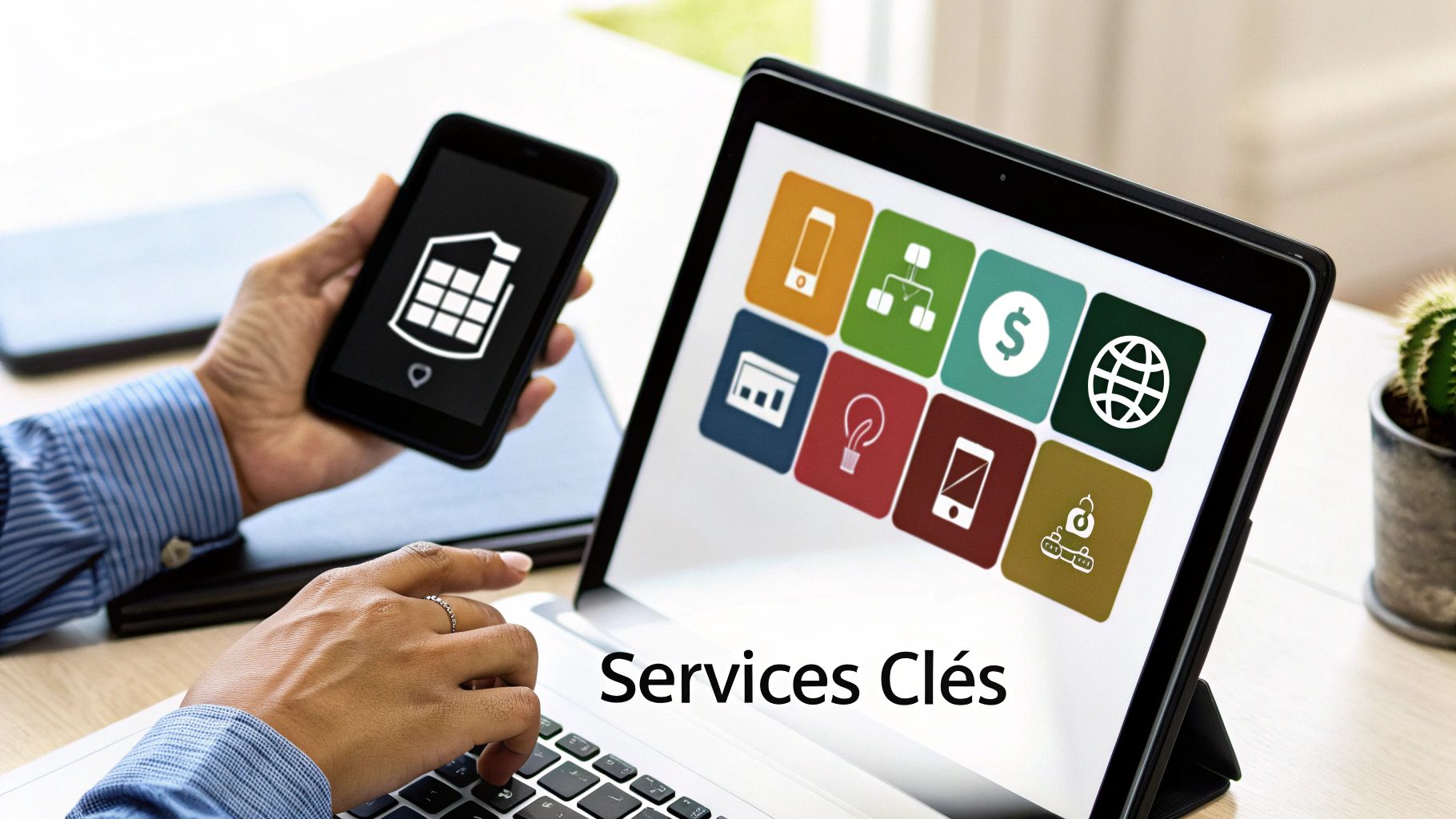 Une personne utilise un ordinateur portable et un smartphone affichant des icônes de services numériques et le texte "Services Clés".