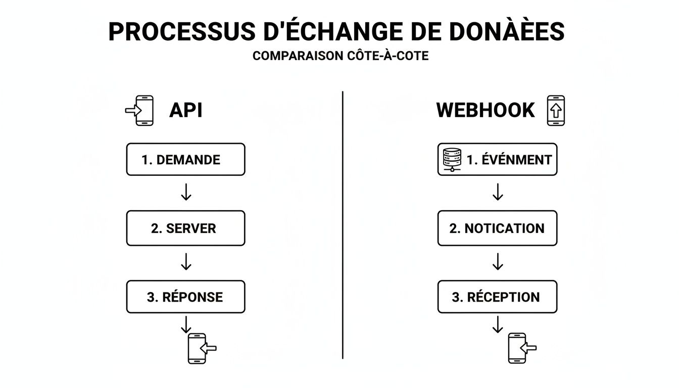 Diagramme comparant les processus d'échange de données via API (demande, serveur, réponse) et Webhook (événement, notification, réception).