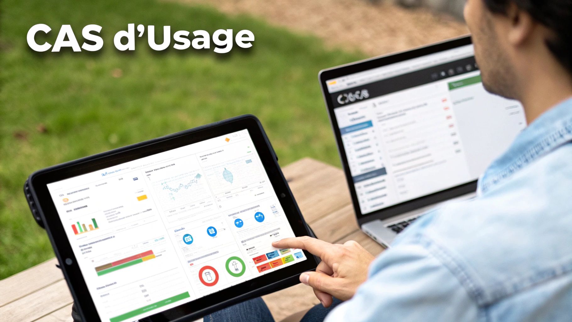 Un homme consulte des tableaux de bord interactifs sur tablette et ordinateur portable, illustrant des cas d'usage.