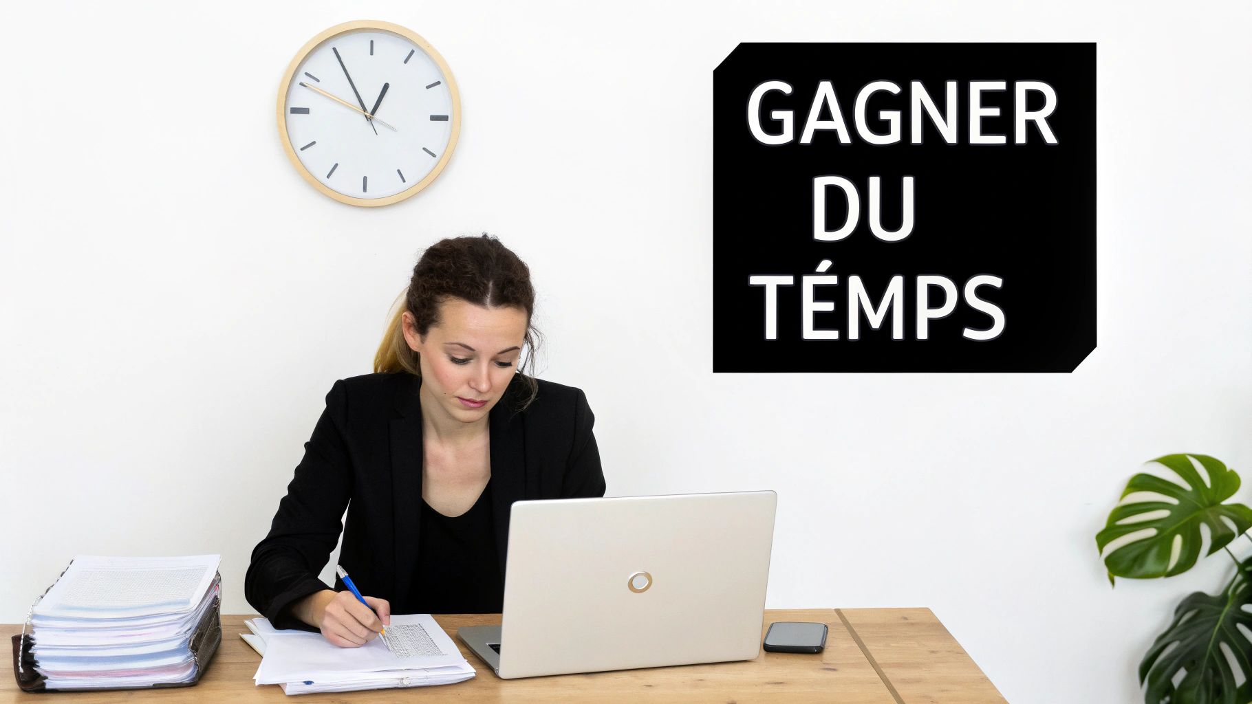 Une femme concentrée travaille sur un ordinateur portable, entourée de documents, avec une horloge et un panneau "GAGNER DU TEMPS".