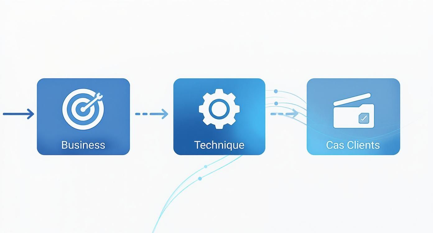 Diagramme illustrant un processus, de l'objectif métier à la technique puis aux cas clients.
