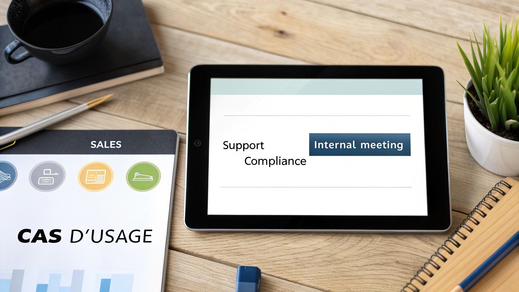Une tablette affichant 'Réunion interne' et un document avec 'CAS D'USAGE' sur un bureau en bois, évoquant le travail et la productivité.