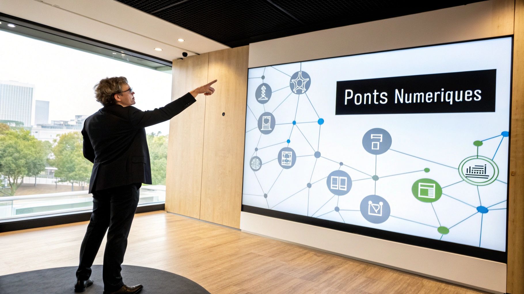 Un homme d'affaires pointe un grand écran interactif affichant "Ponts Numériques" et des icônes de réseau dans un bureau moderne.