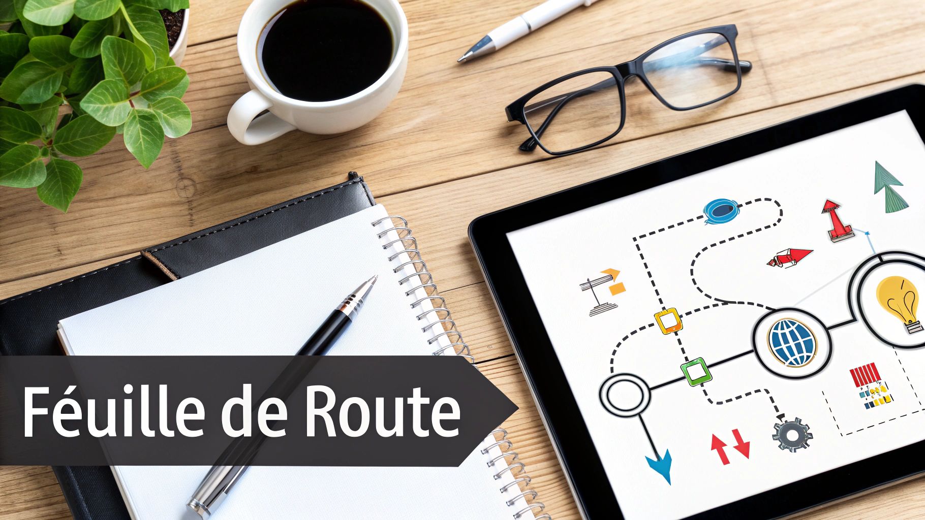 Vue de dessus d'un bureau en bois avec café, plante, lunettes, carnet et tablette affichant une feuille de route.