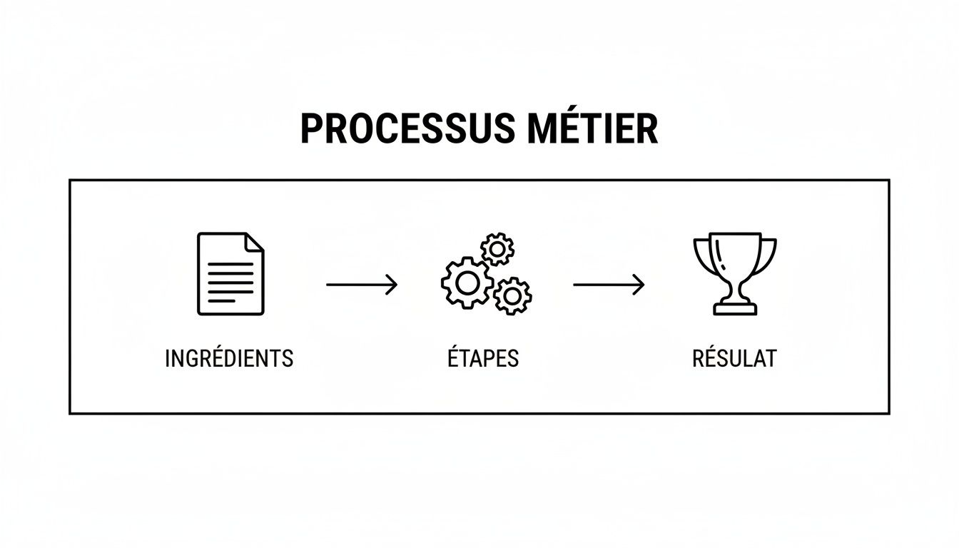 Infographie simple décrivant un processus métier : des ingrédients mènent à des étapes (engrenages) qui aboutissent à un résultat (trophée).