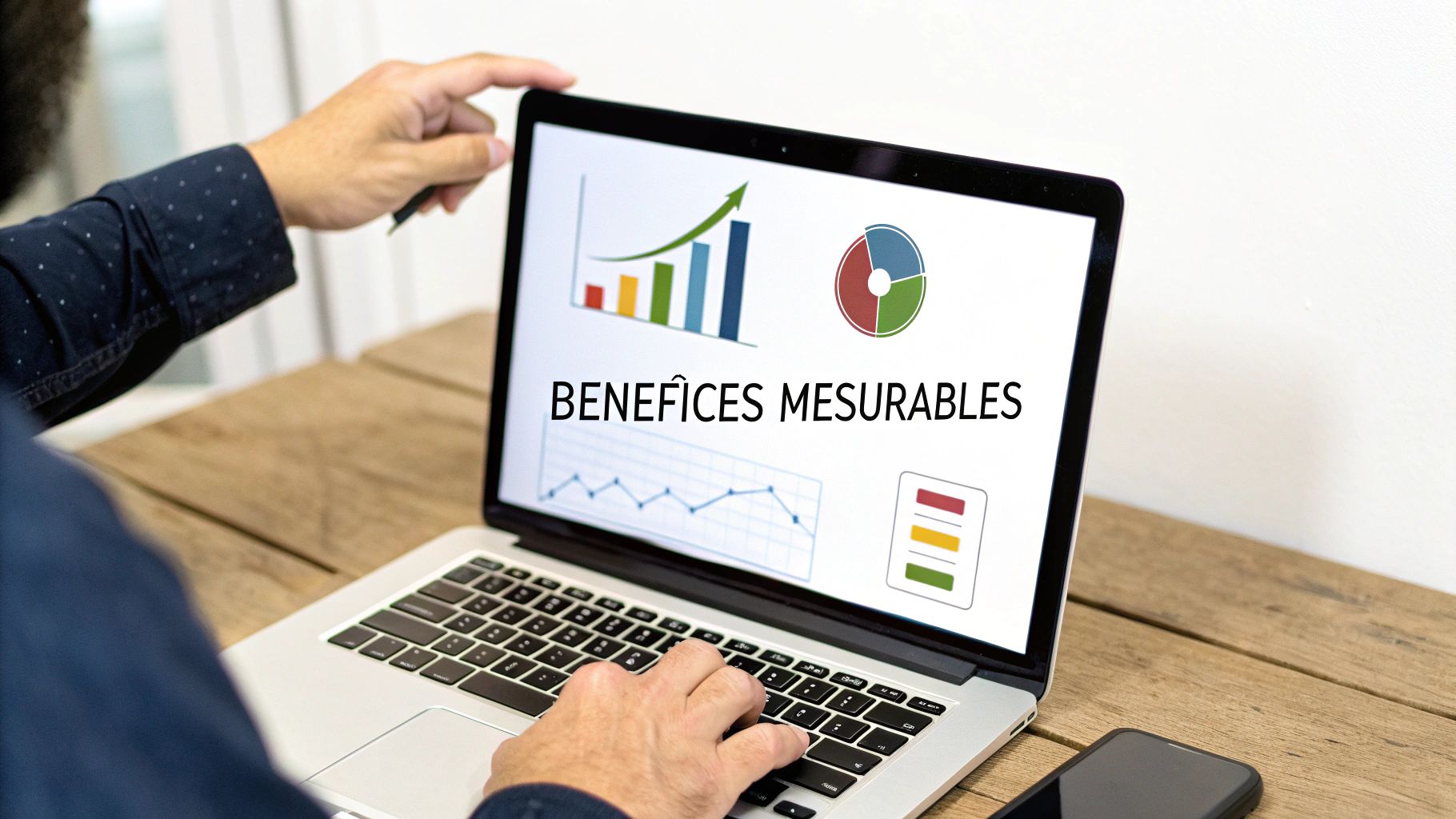 Un homme analyse des graphiques de performance et des bénéfices mesurables sur un ordinateur portable.