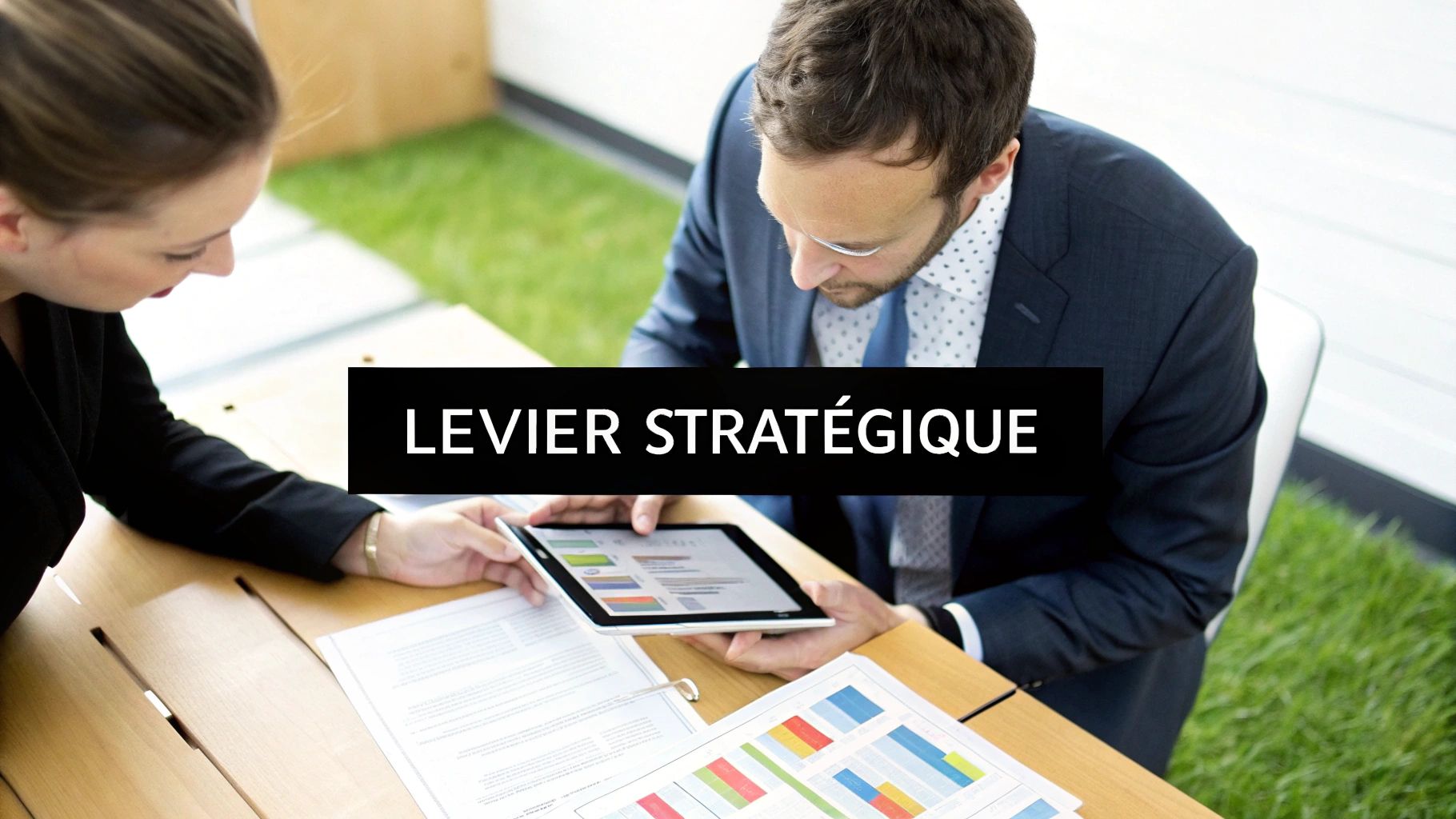 Deux professionnels travaillant sur une tablette et des documents financiers, avec le texte "LEVIER STRATÉGIQUE" affiché.