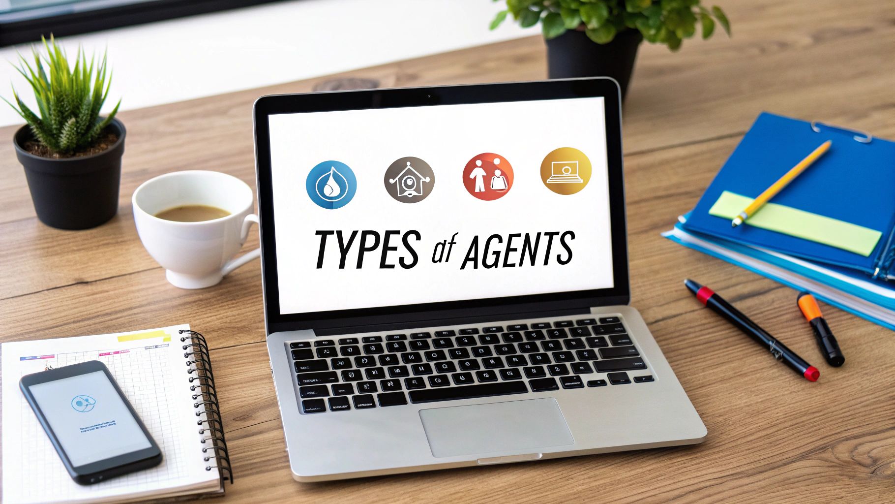 Un ordinateur portable sur un bureau en bois affiche "TYPES of AGENTS" et quatre icônes thématiques. Café, plante et fournitures de bureau l'entourent.