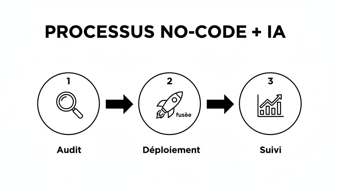 Infographie du processus No-Code + IA en trois étapes: Audit, Déploiement avec fusée et Suivi des résultats.