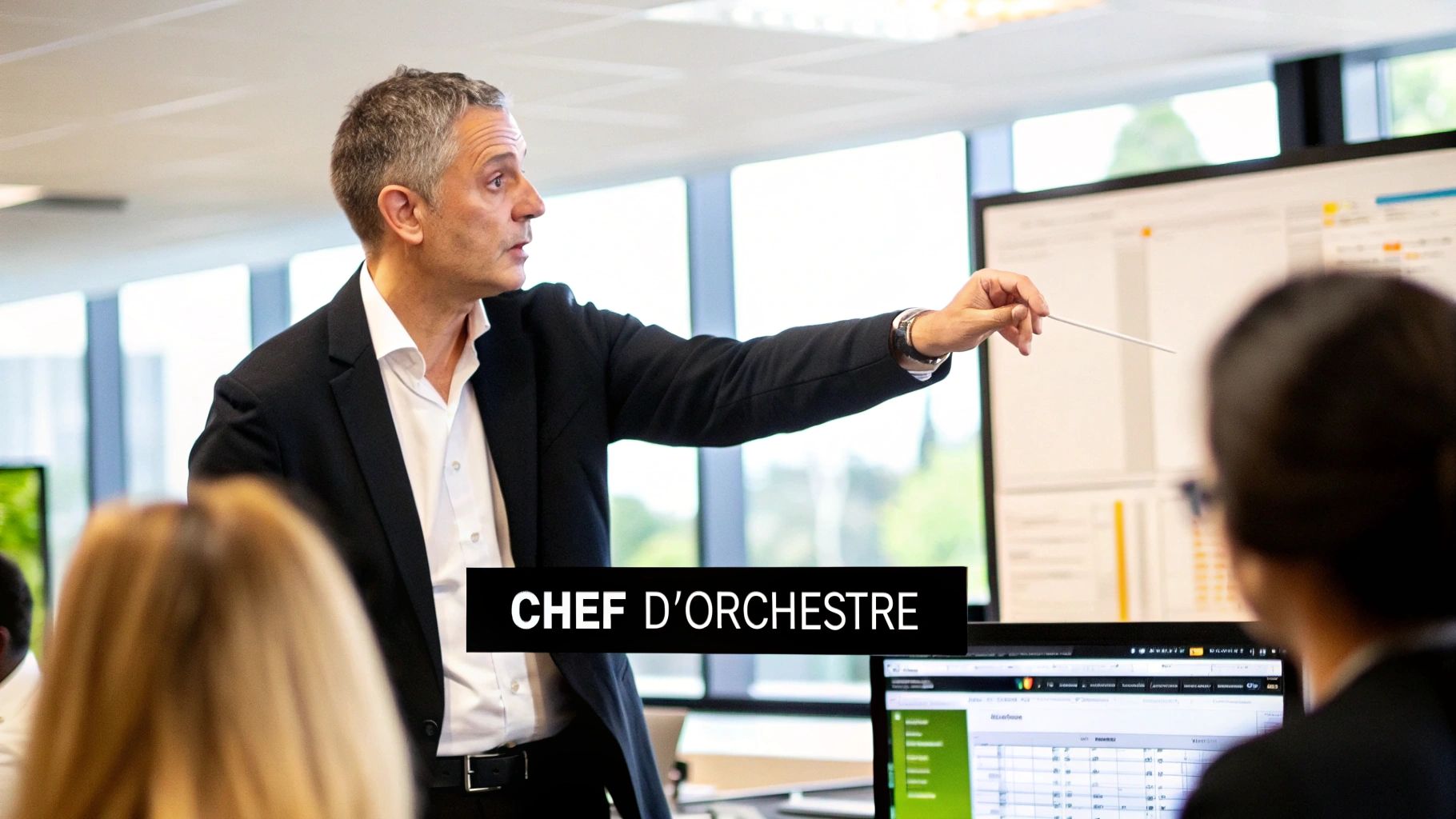 Un homme d'affaires en costume pointe un écran avec un stylet lors d'une présentation en bureau, avec des collègues.