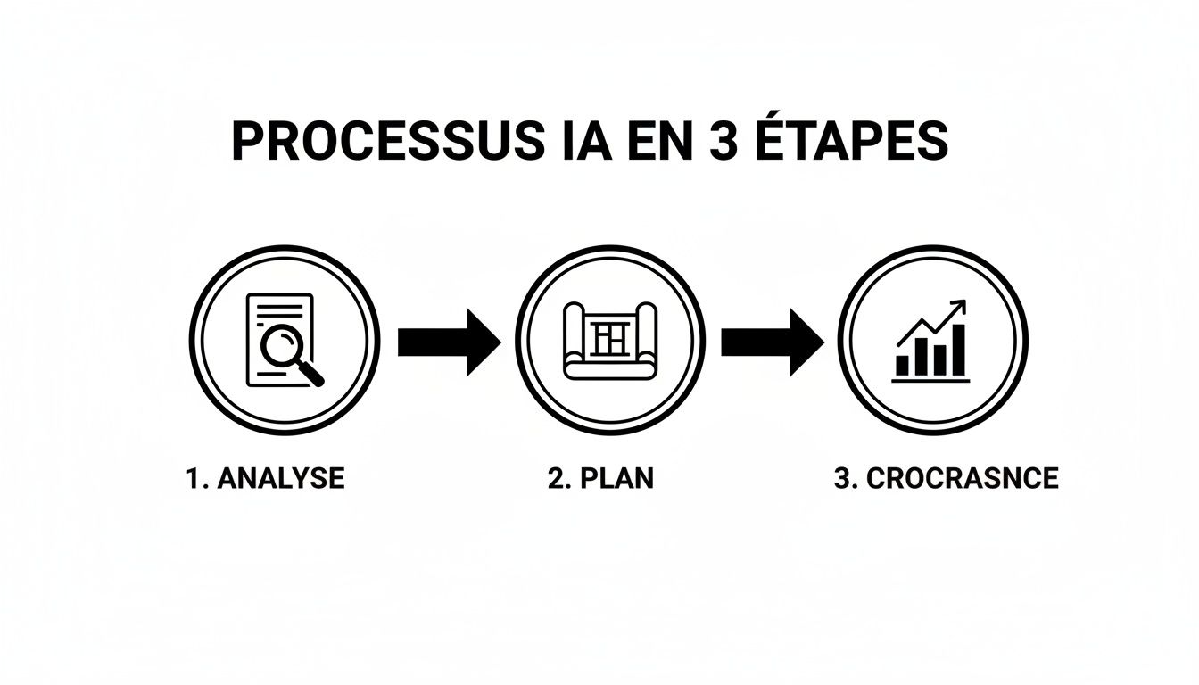 Diagramme du processus d'IA en 3 étapes : analyse, plan et croissance symbolisée par des icônes.