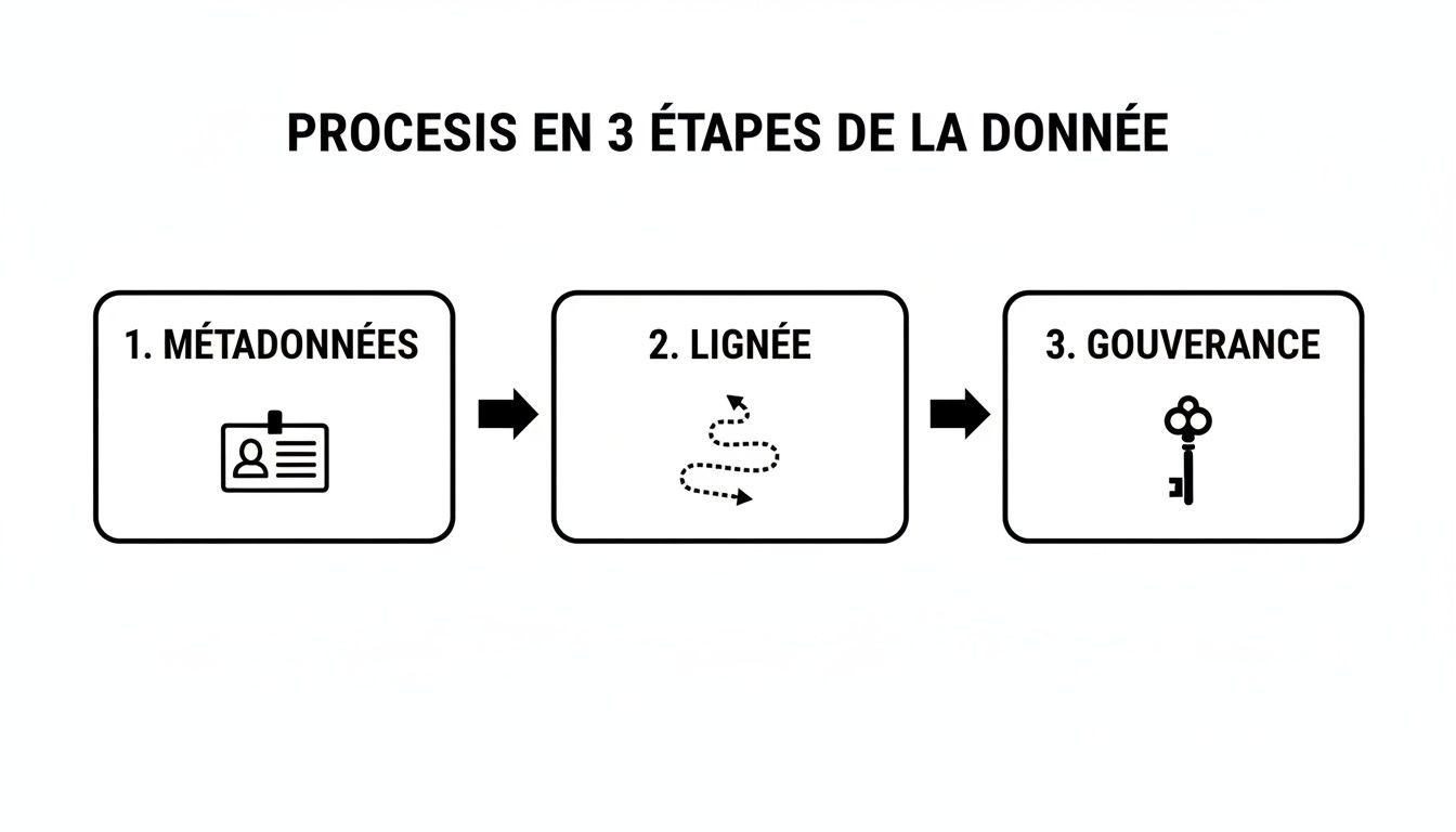 Diagramme clair montrant le processus de la donnée en trois étapes: métadonnées, lignée et gouvernance.