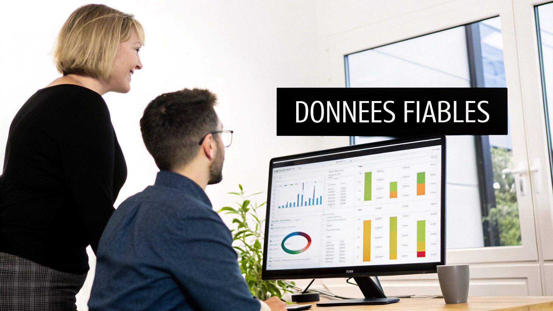 Personne travaillant sur un ordinateur avec des graphiques de données et des diagrammes de flux affichés sur des écrans, illustrant le concept de plan de taggage et de stratégie de données.