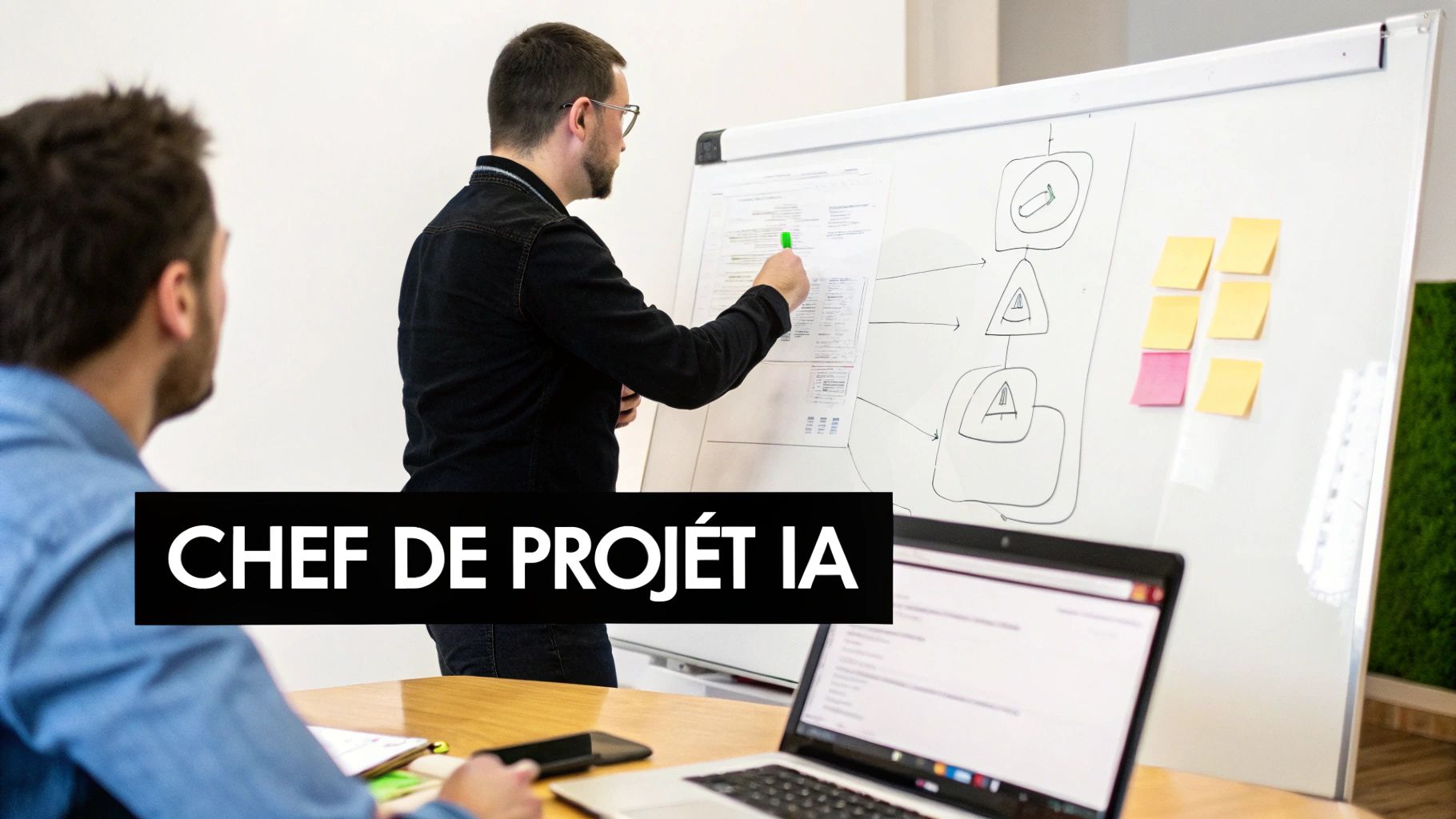 Un chef de projet IA explique des schémas sur un tableau blanc à un collègue lors d'une réunion.