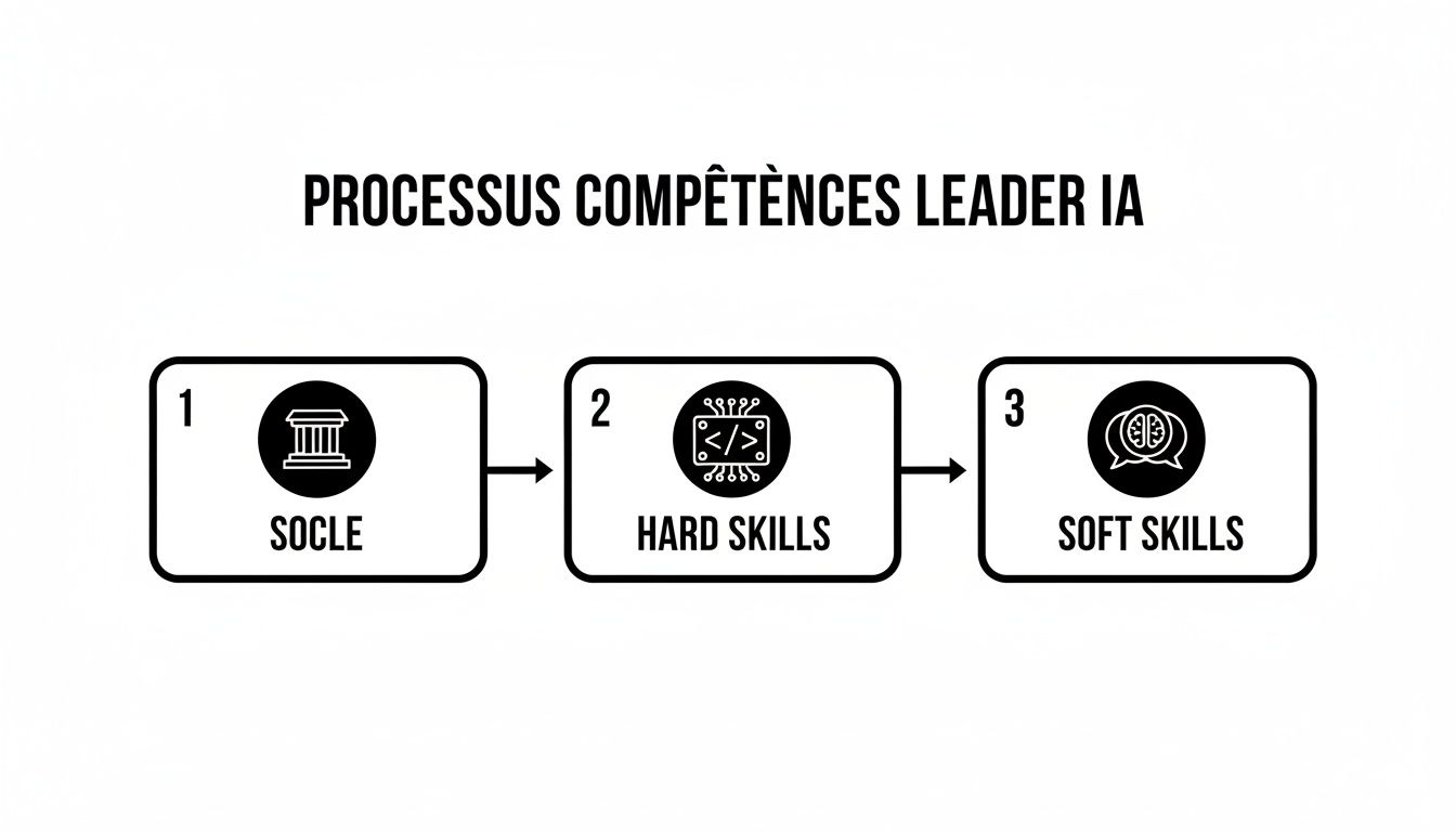 Diagramme illustrant le processus des compétences pour un leader en IA, incluant socle, hard skills et soft skills.