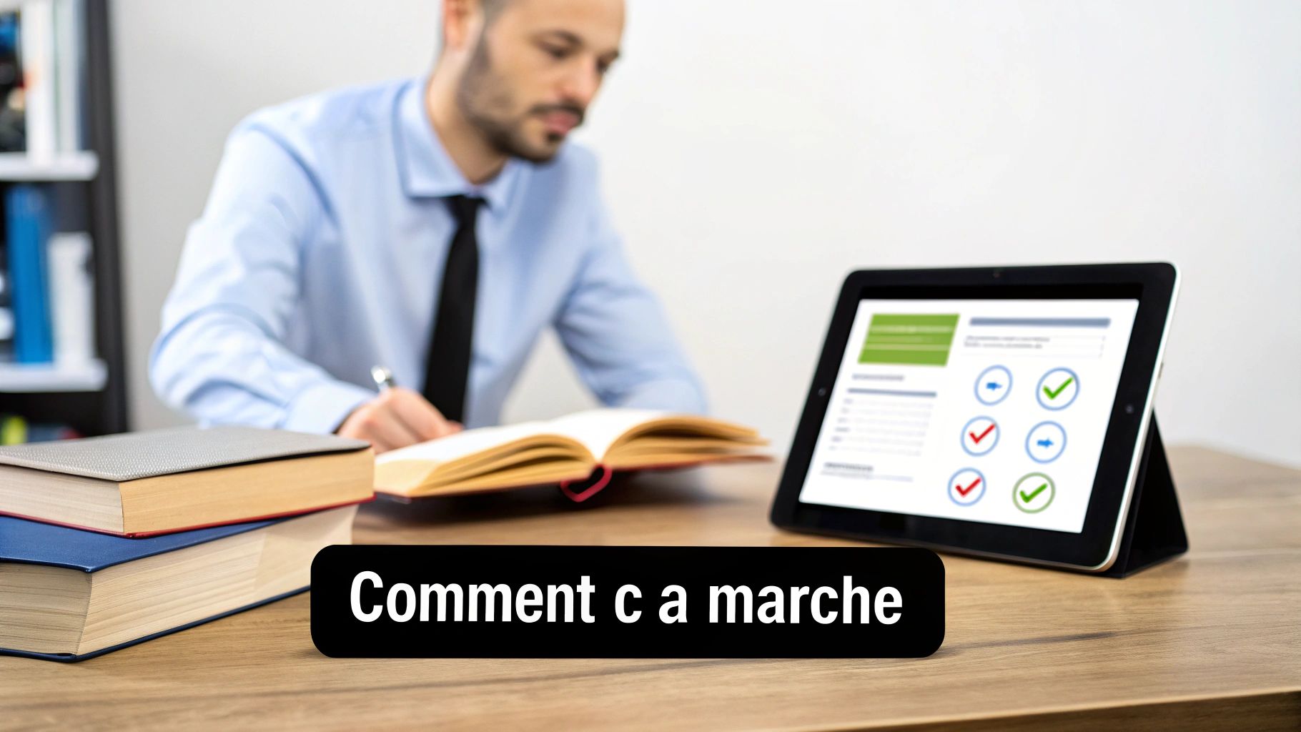 Un homme étudie avec des livres et une tablette affichant un quiz numérique avec des réponses.