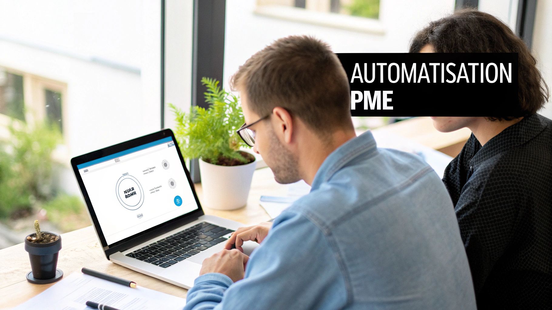 Un homme et une femme travaillent ensemble sur un ordinateur portable, avec le texte "Automatisation PME".