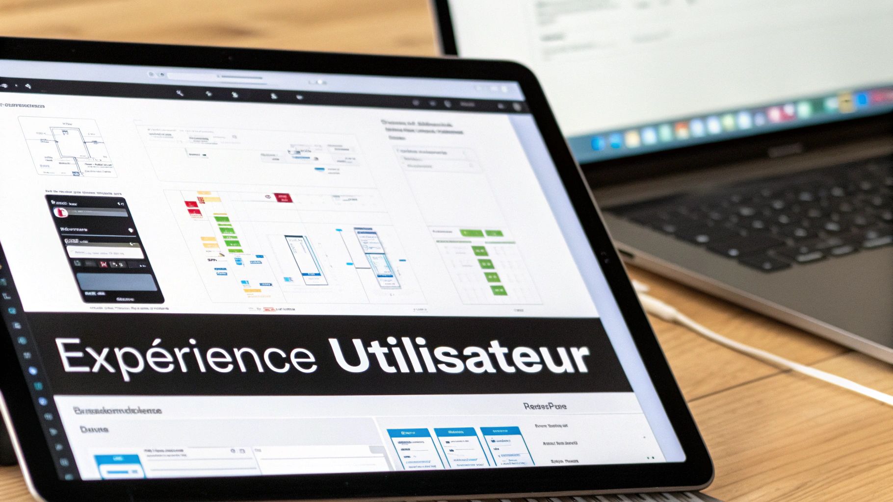 Écran d'ordinateur portable affichant des diagrammes et des maquettes d'interface utilisateur avec le titre « Expérience Utilisateur ».