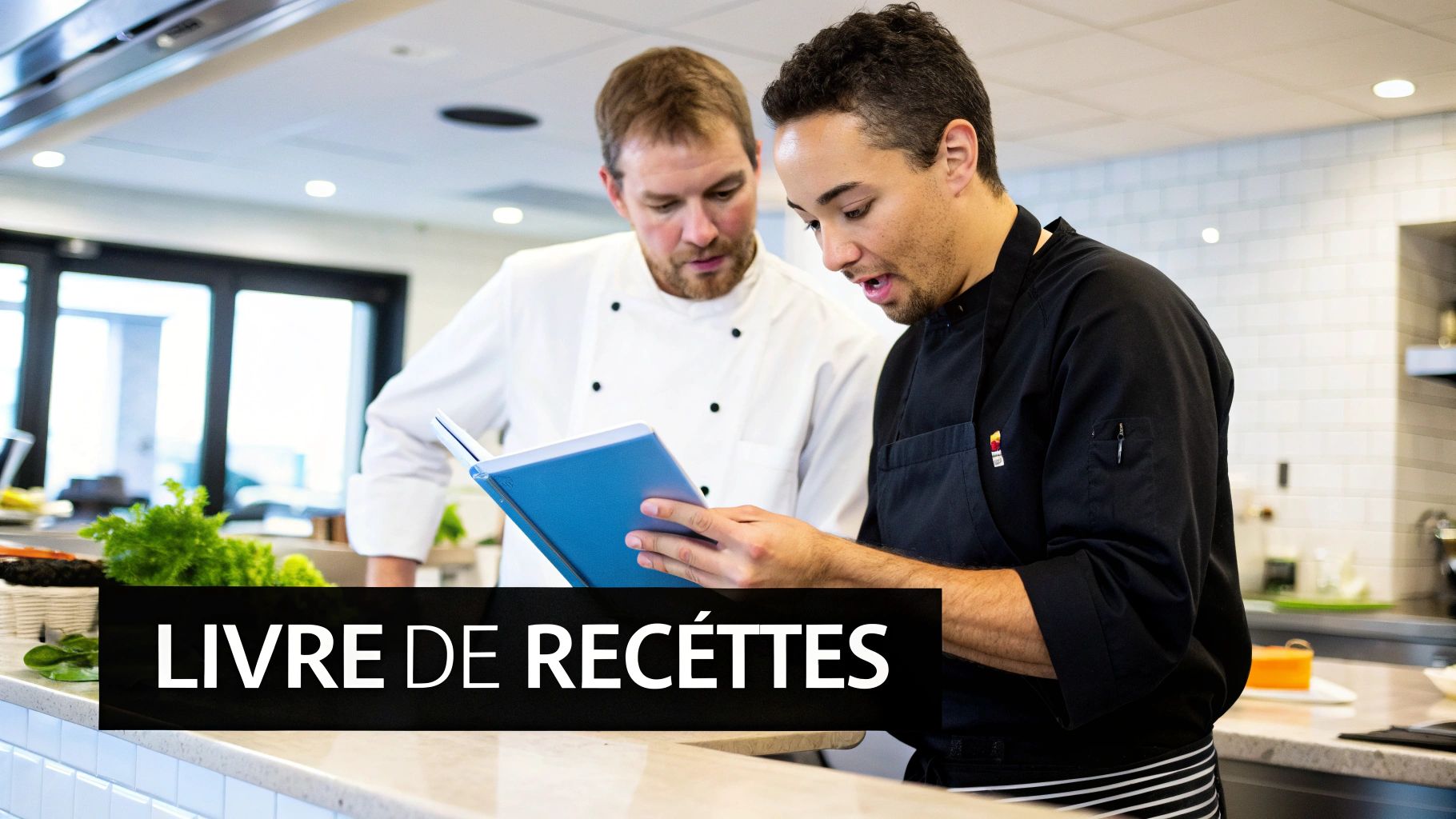 Deux chefs consultent un livre de recettes en cuisine, le texte "LIVRE DE RECETTES" est affiché.